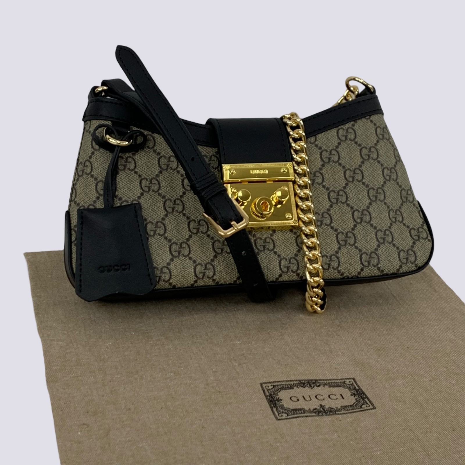 Gucci GG Monogram Padlock Small Shoulder Bag Black Leather 811705