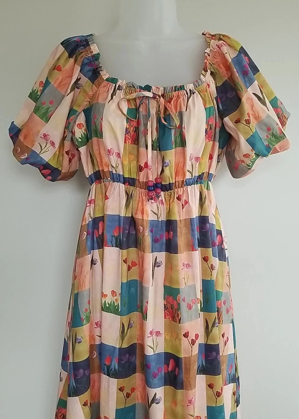 Davi & Dani Checkered Tulip Print Midi Dress NWT Spring Floral Beaded Tie Neck