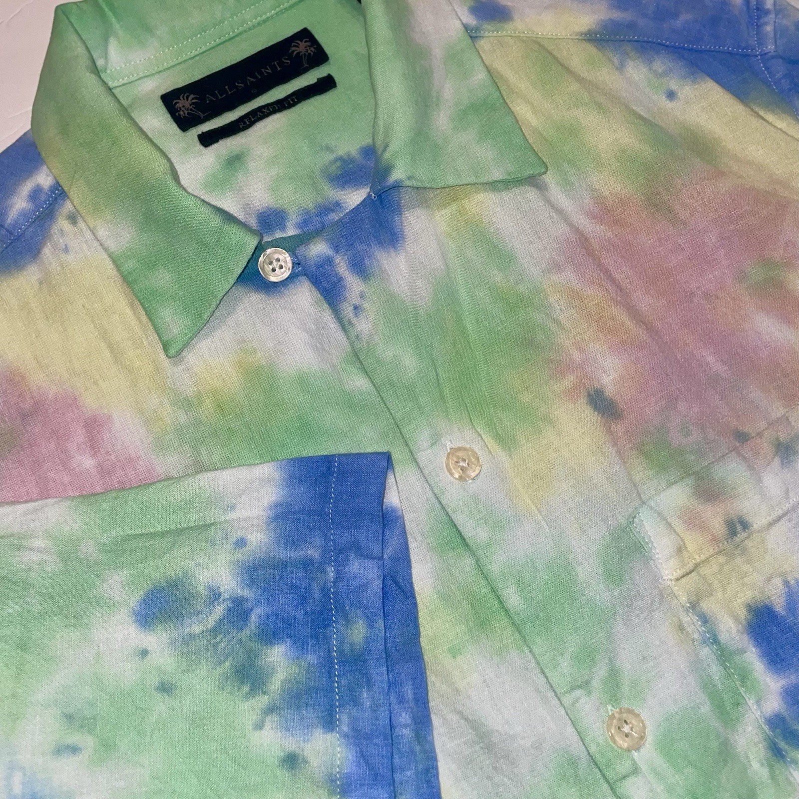 ALL SAINTS•Button Up S/sleeve Shirt Tie Dye Pastel LINEN•Viscose Mens/Unisex•Sml
