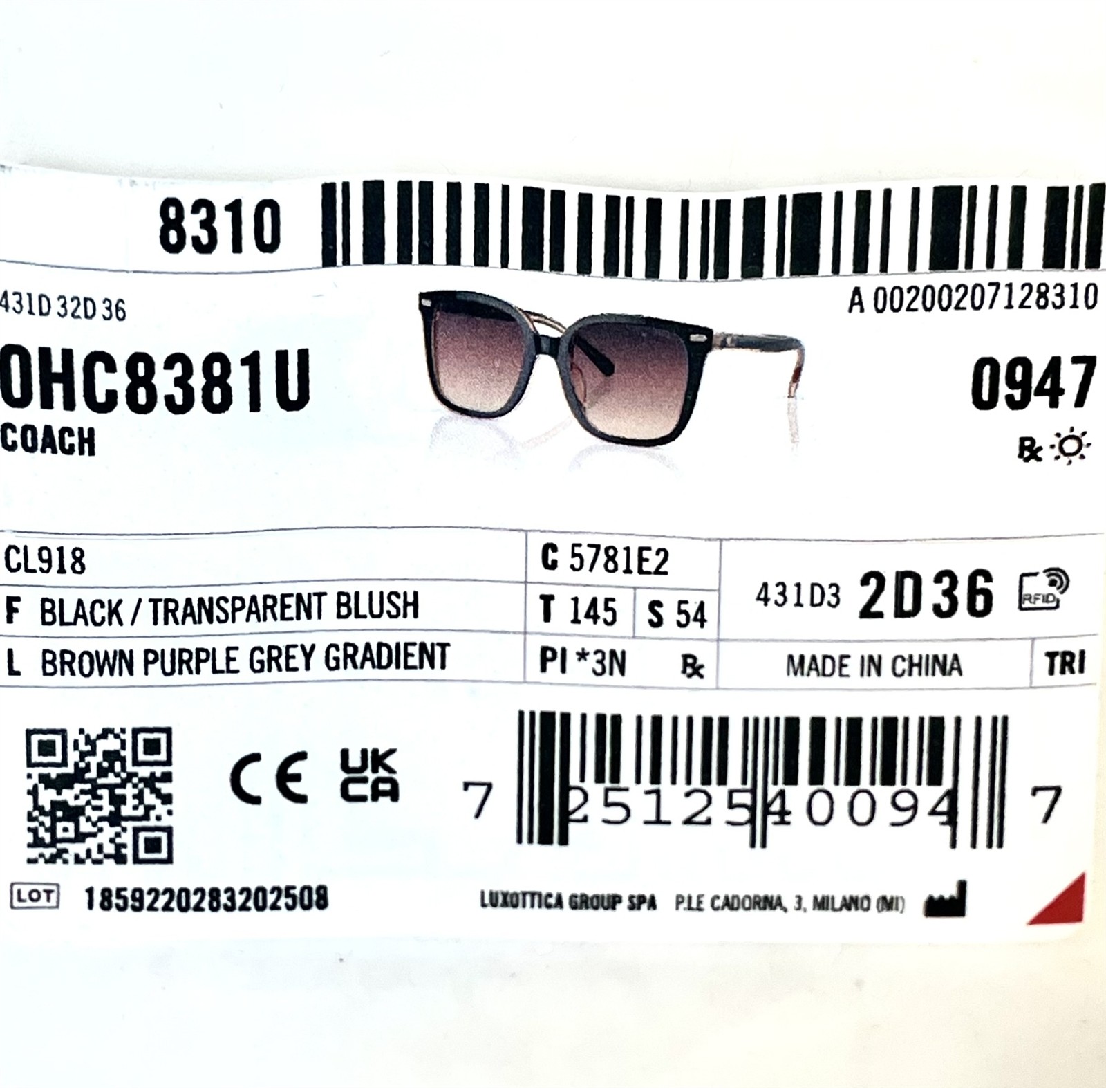 Coach Sunglasses HC8381U 5781E2 Black on Crystal Pink Purple Gradient with Case