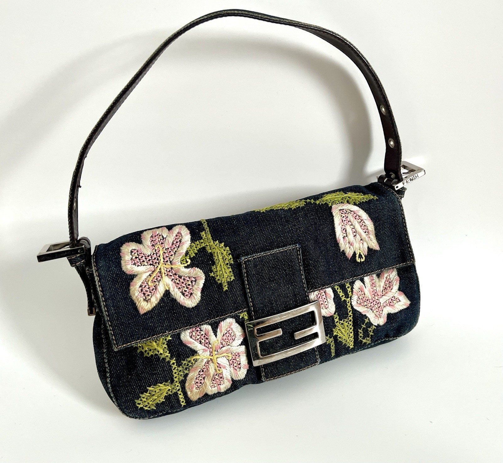 Authentic Vintage Fendi Y2K Indigo Denim Floral Embroidered Baguette Handbag