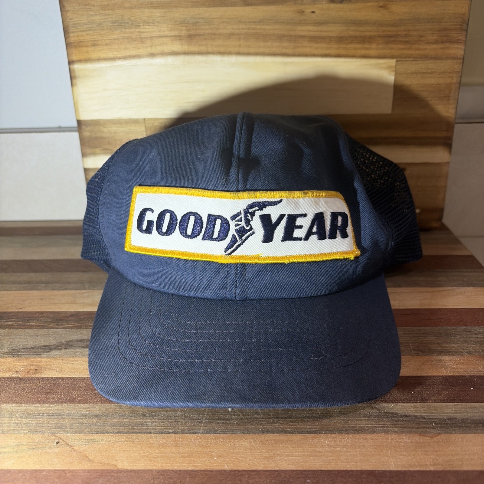 Vintage GOODYEAR 80s USA MADE Swingster Hat Cap Snapback Tire Patch Trucker NWOT