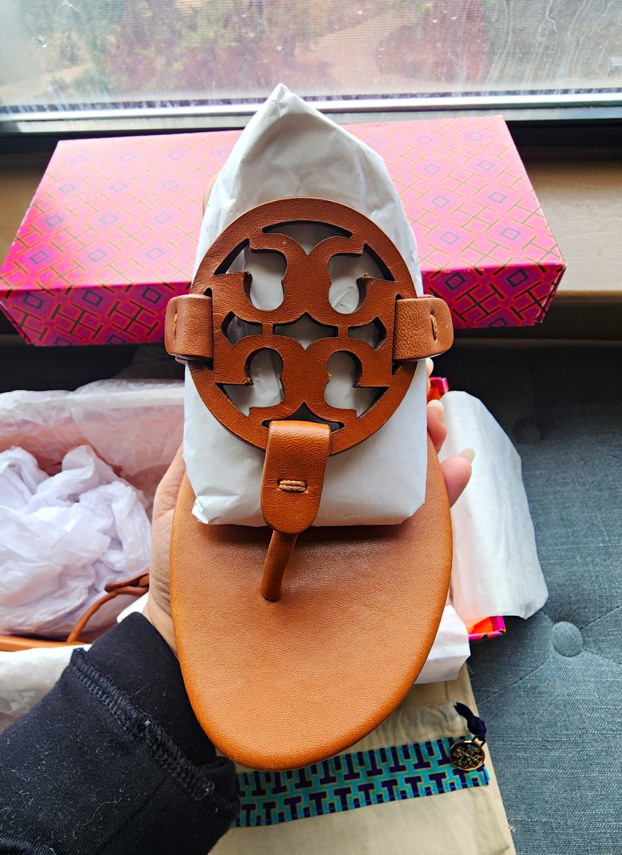Tory Burch Miller Women’s Leather Thong Slip-On Sandals Brown Logo US 5