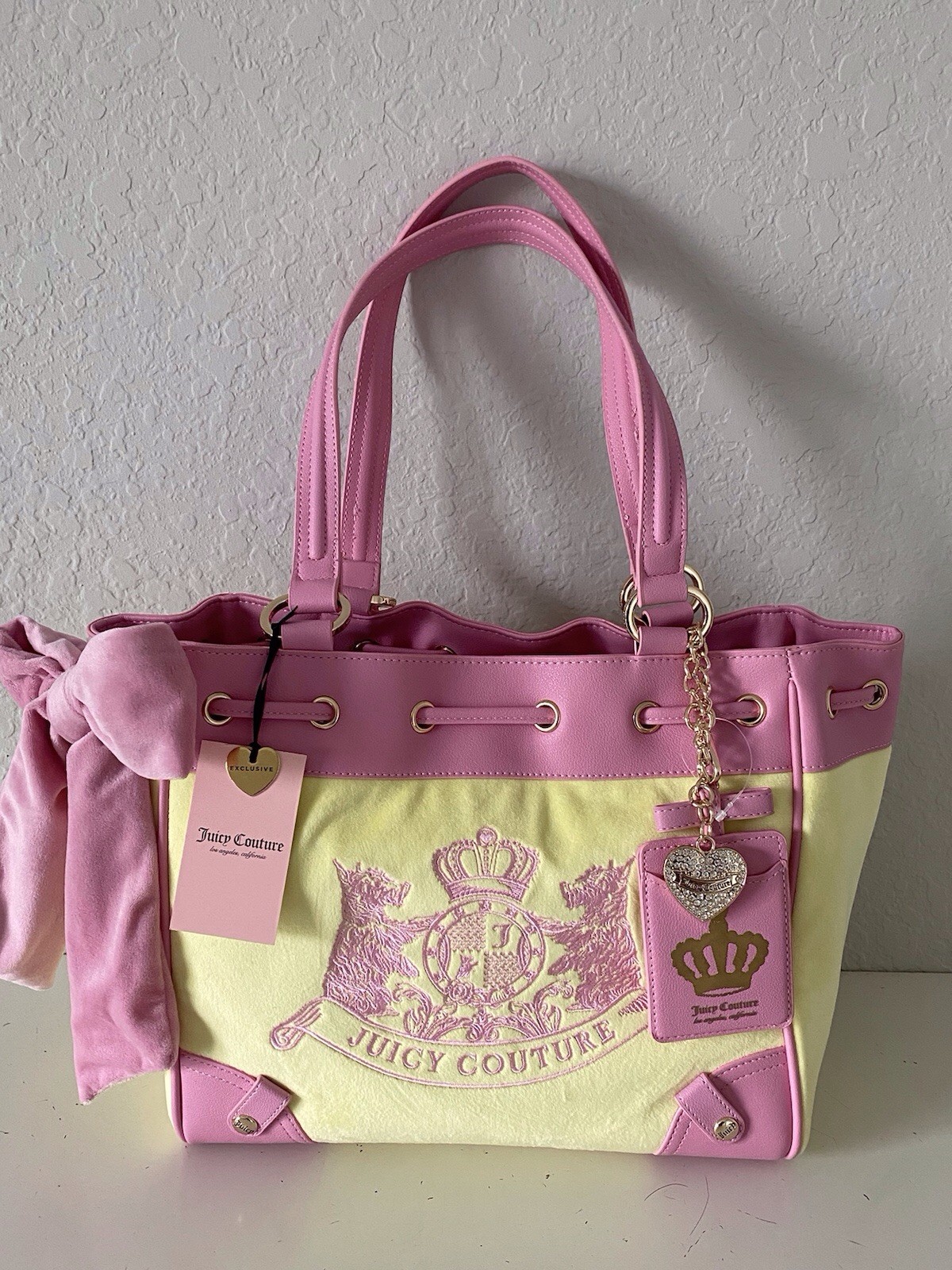 Juicy Couture Classic Scottie Dogs Tote Daydreamer Yellow Iris Pink W/Charm NEW