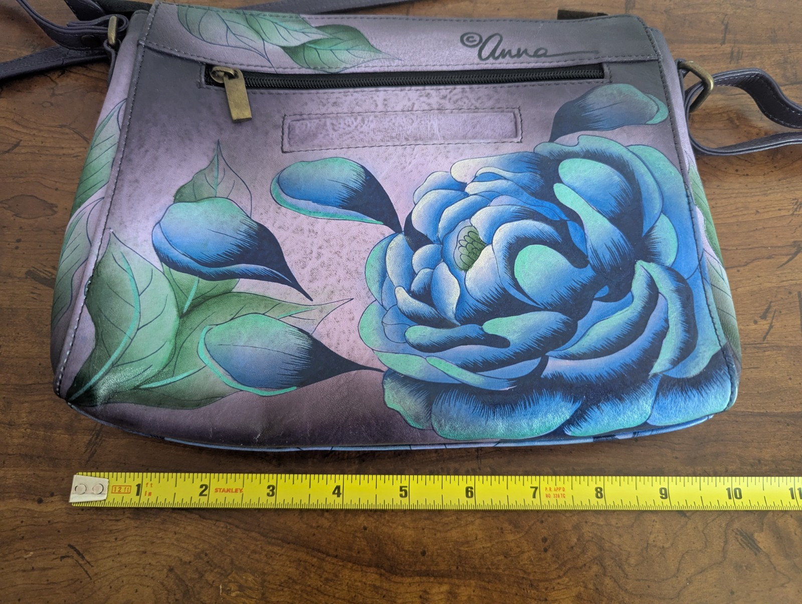 Anna Anuschka Hand Painted Medium Crossbody Purse Bag “Precious Peony Eggplant”