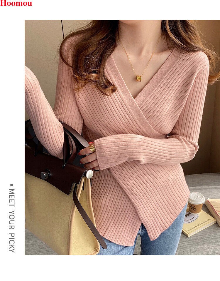 New Korean Womens Cross V-neck Asymmetric Slit Fall Winter Tops Tee Blouse