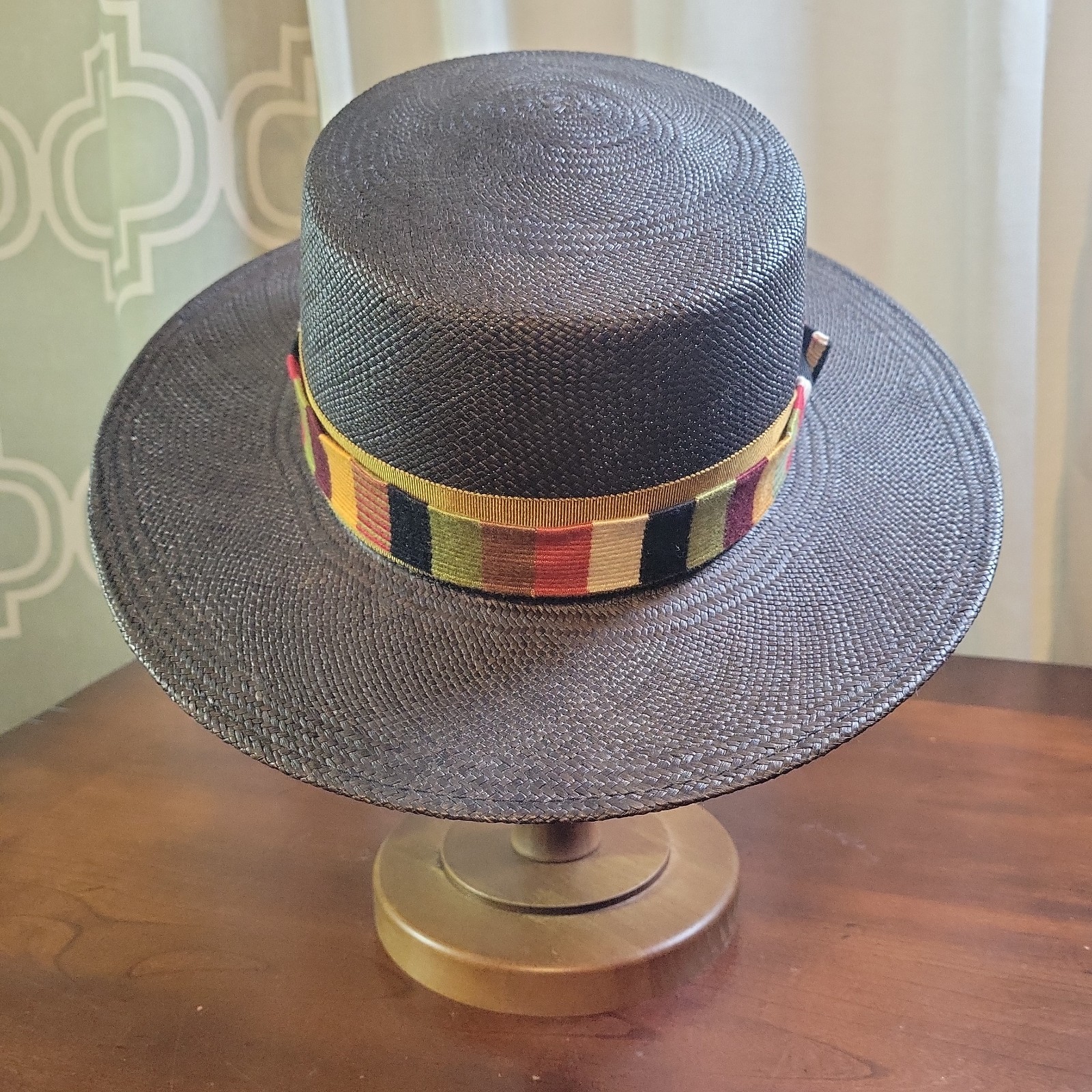 Goorin Bros Charcoal Flat Brim Panama Fedora Hat Toquilla Straw Boater 23″ 7 3/8