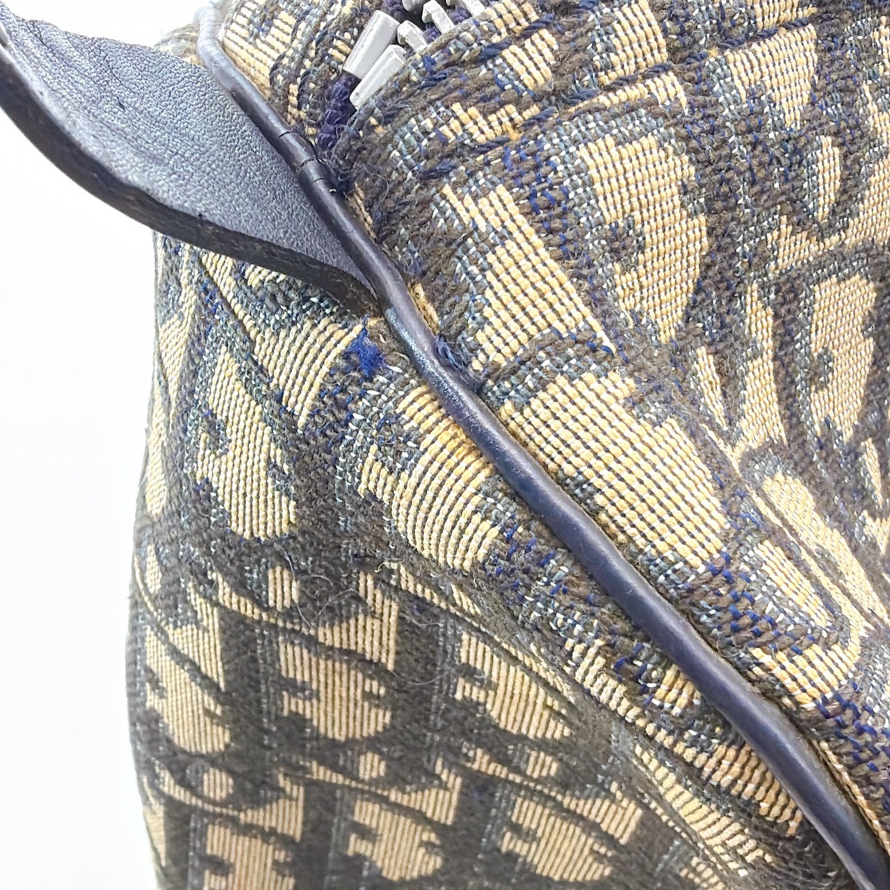 Auth Christian Dior Trotter Pattern Canvas Beige Navy Boston Bag 303Q1