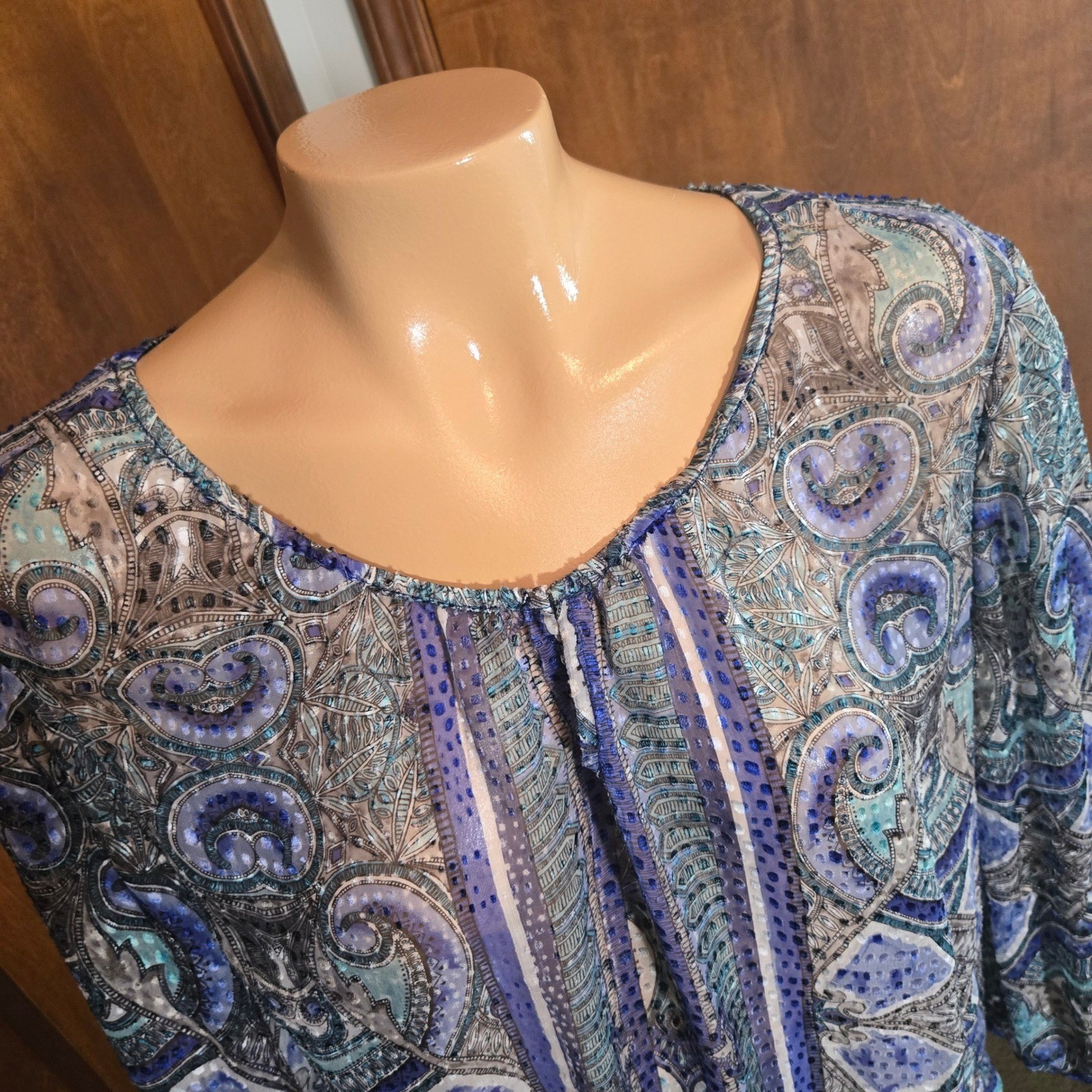 Chicos Silk Blend Womens Blouse Blue Size 2 Sheer Paisley Smocked Peplum