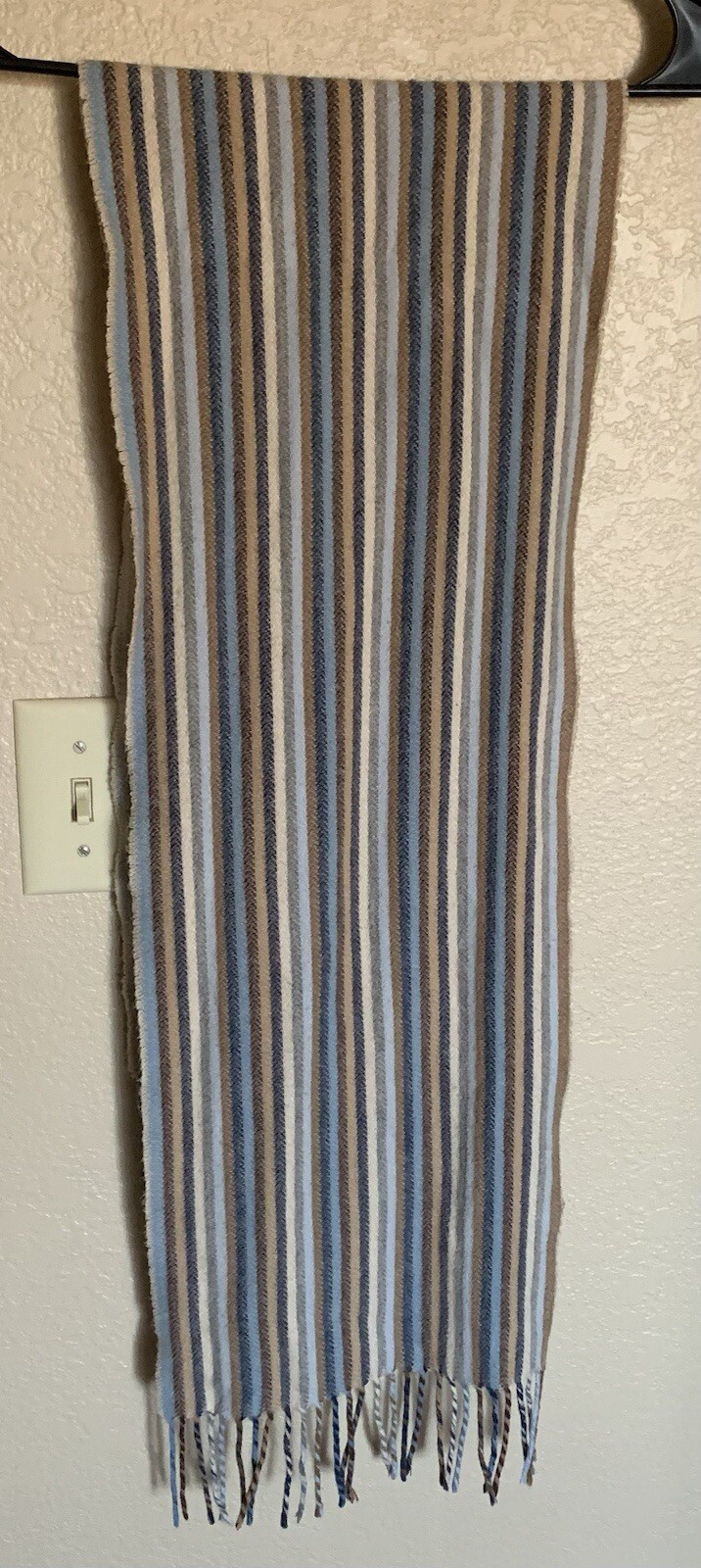 V. Fraas Cashmink Brown Blue Tan 52” X 10” Fringed Scarf Made in Germany