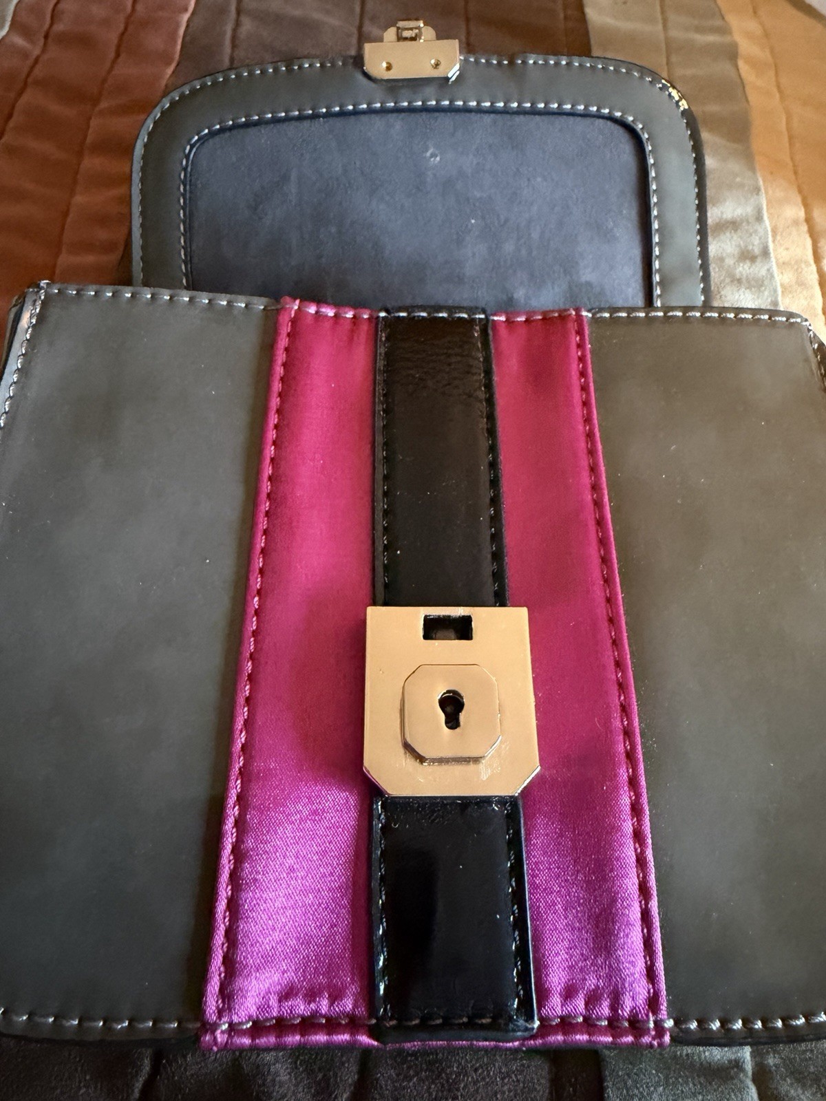 Melie Bianco Gray/Pink Small Patent Studded Crossbody, Chain Strap, Push Lock