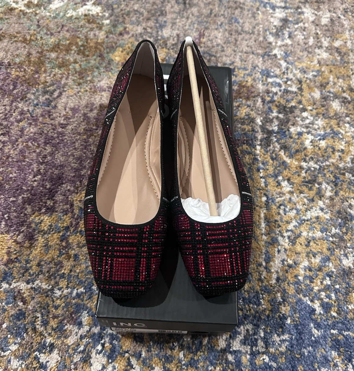I.N.C. International Concepts Women’s Red/Black Plaid Rhinestone Ballet Flats 8M