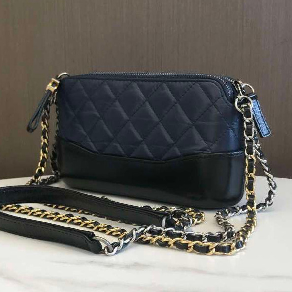 Chanel Blue Black Quilted Leather Mini Silver Gold Chain Diamond Crossbody