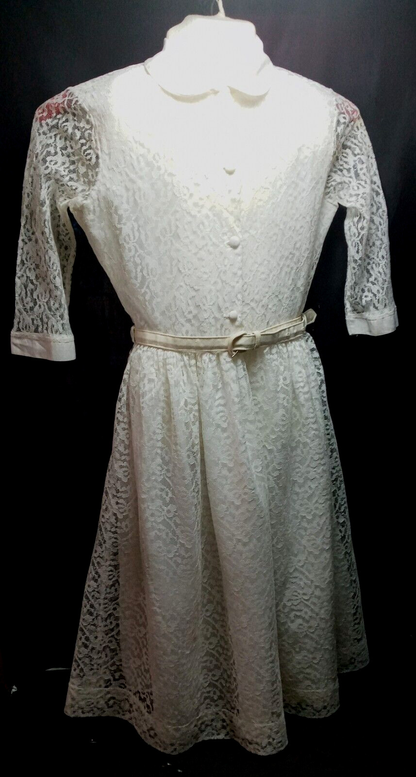 Vtg 50s Rose Lace Dress Peter Pan Collar ILGWU Union Made USA JUNIORS Sz 14