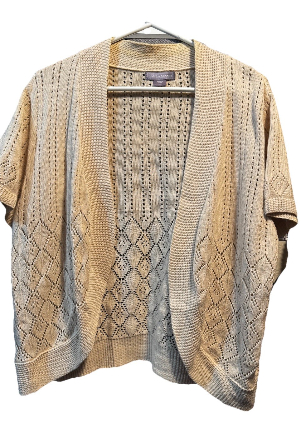 Laura Scott Crochet Knit Cardigan Womens Size XL Beige Open Front Shrug Boho