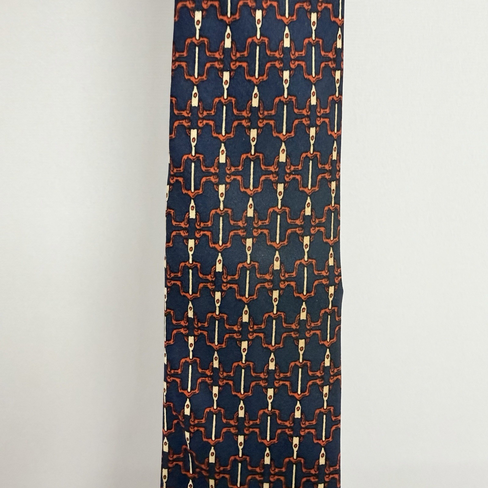 Hermes Men’s Tie Chain Links Navy/Red/Khaki Silk 703 OA 3 1/8″ (W) x 55″ (L) euc