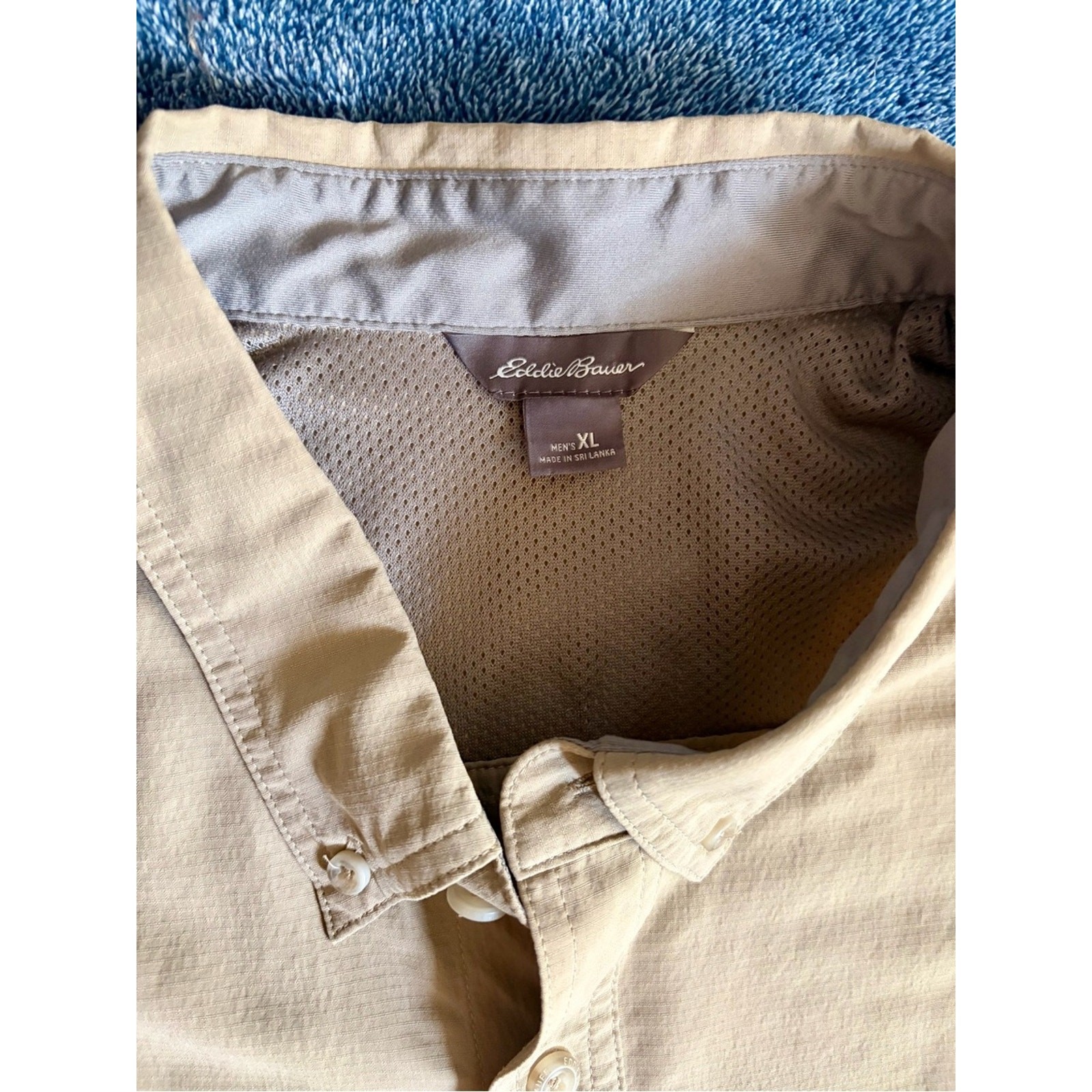 Eddie Bauer Men’s Tan Khaki Long Sleeve Sun Protection Performance Trail Shirt