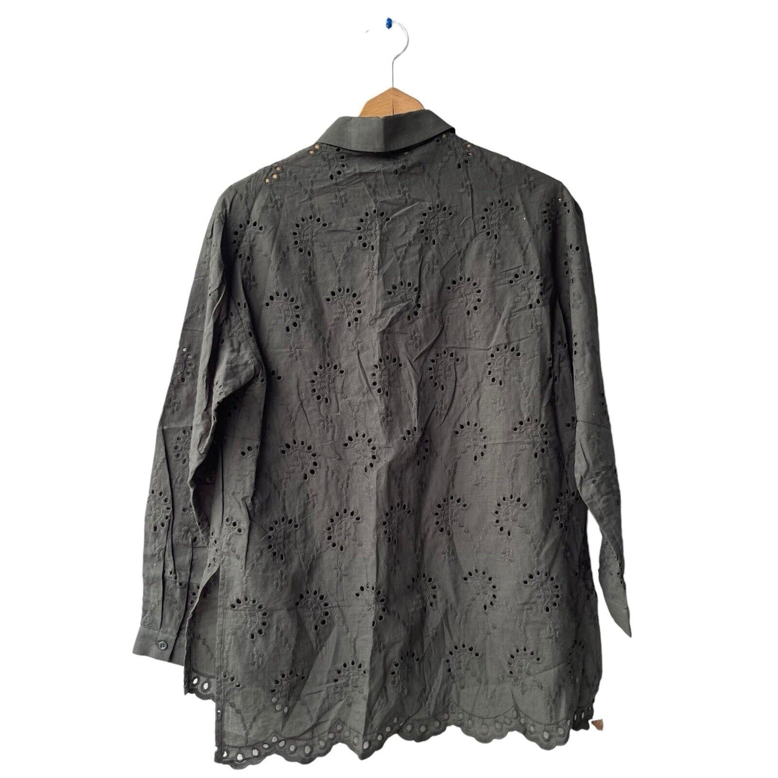 ADRIANNA PAPELL Eyelet Button-Up Shirt Dusty Olive Lace Scalloped Hem Womens XS