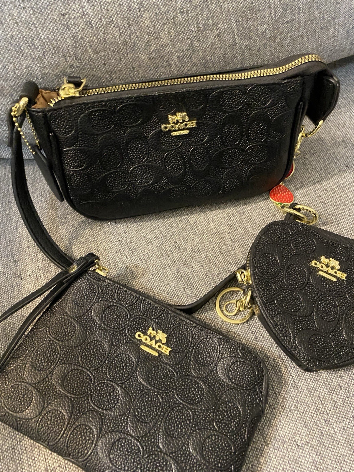 Coach Signature Logo Black Wristlet Zip Pouch Set Coin Purse Gold Hardware