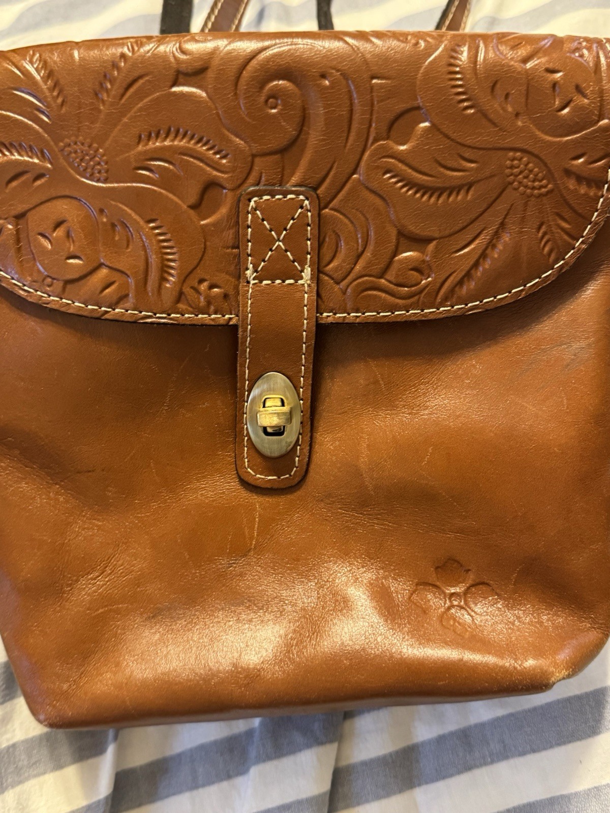 Patricia Nash Brown Small Crossbody Bag Floral Embossed Turn Lock Zip Strap
