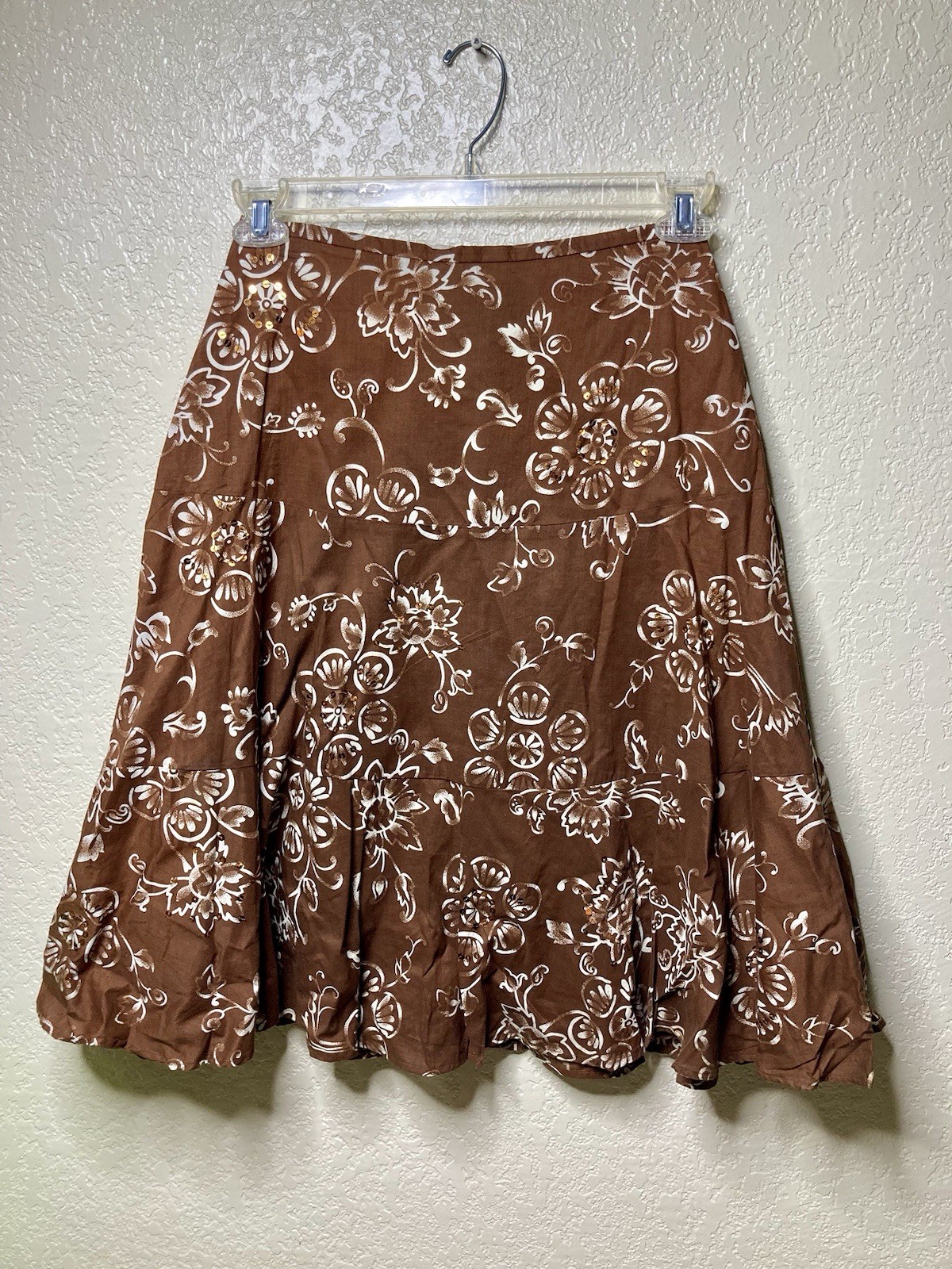 Vintage 90s GEORGE Fit & Flare Skirt Womens 4 Brown Floral Sequins 100% Cotton