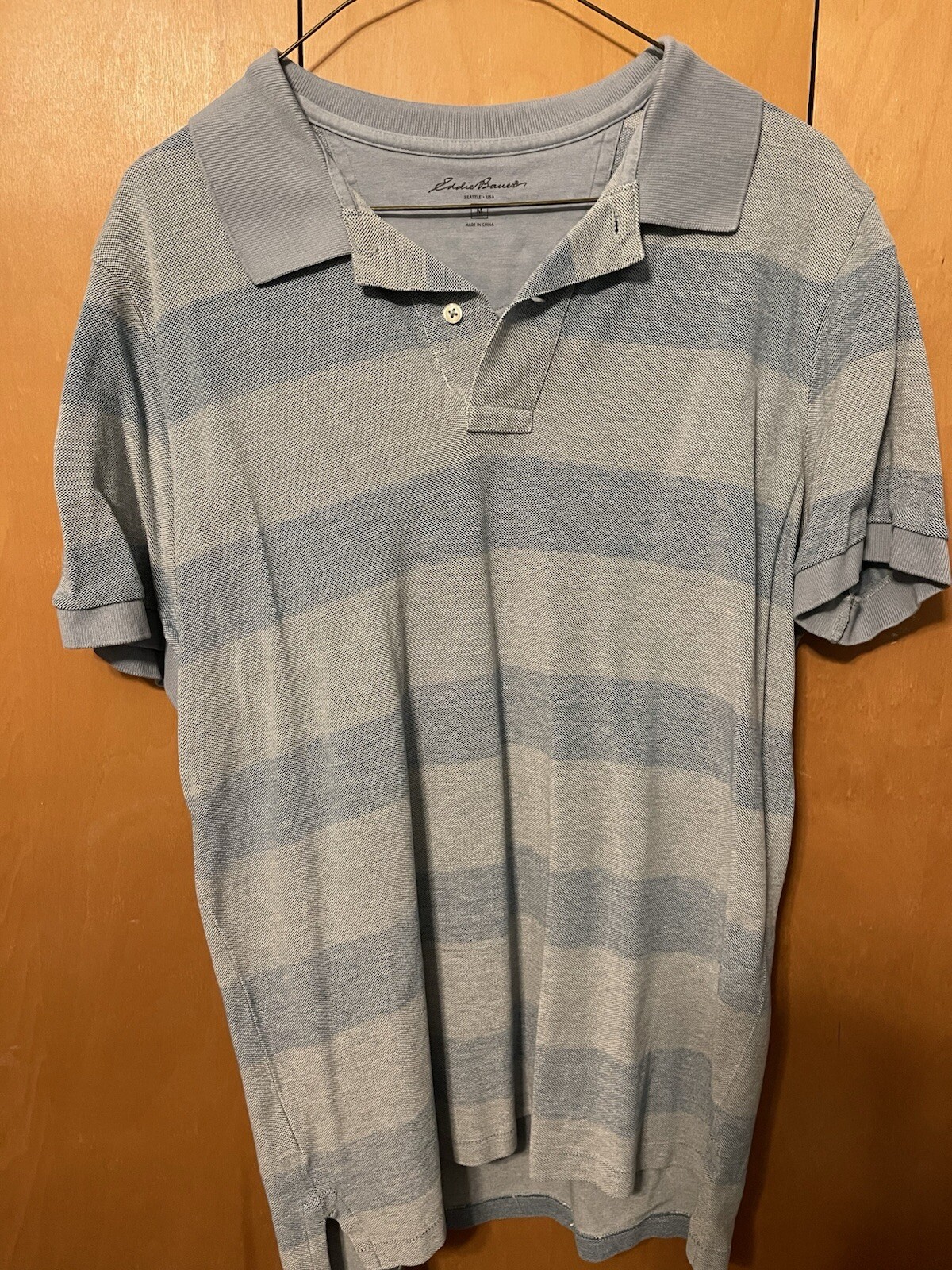 EDDIE BAUER CLASSIC PIQUE COTTON HEATHER LIGHT BLUE GRAY STRIPED POLO MEDIUM MEN