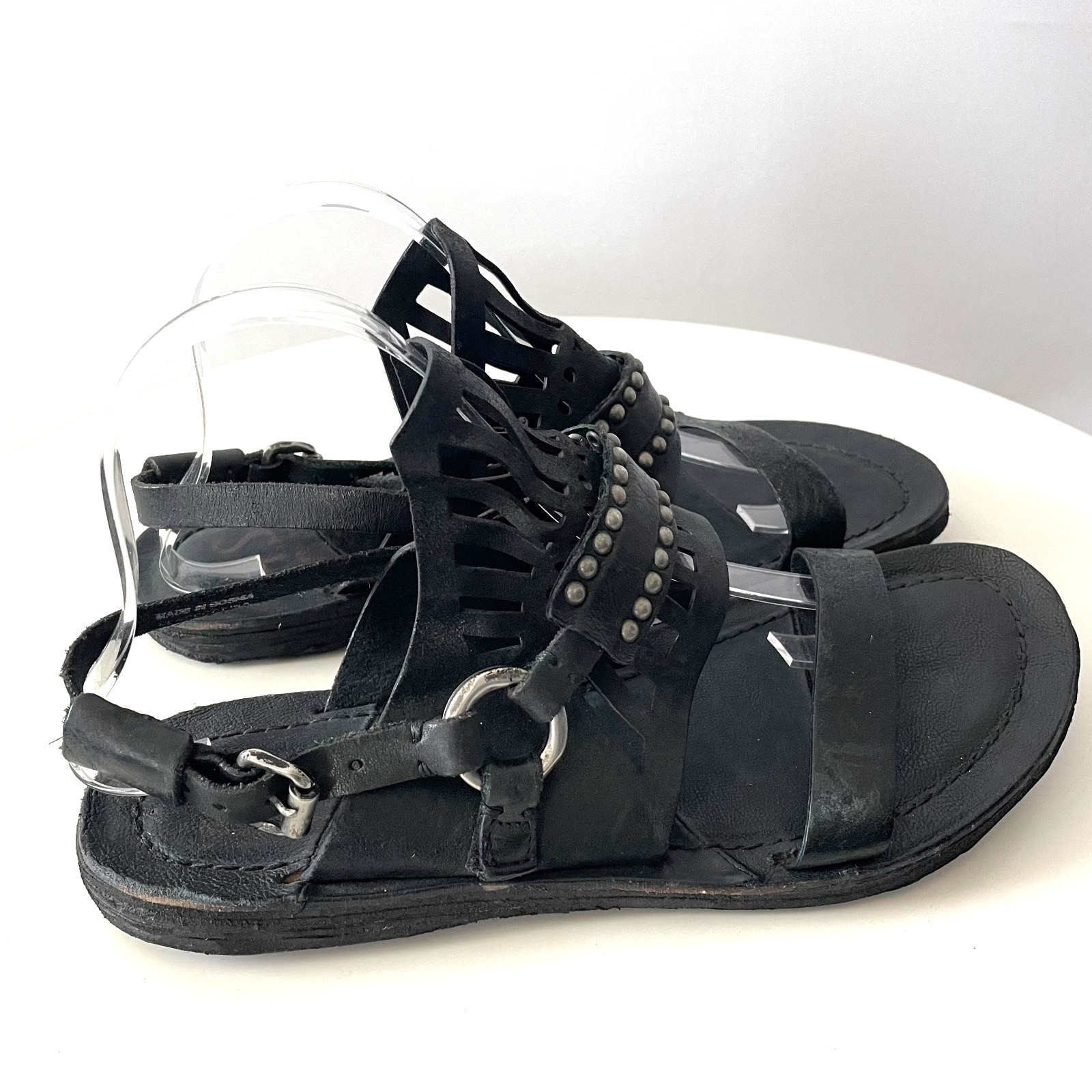 A.S.98 Black Leather Gladiator Sandals Studded Ankle Strap Women EU 40 US 9-9.5