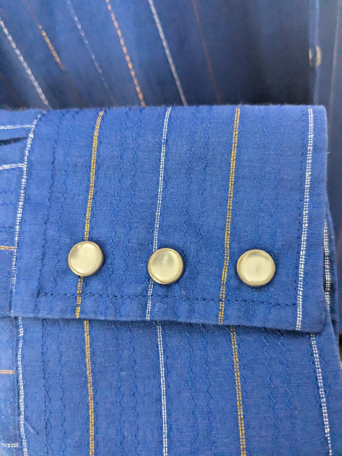 Vtg 80s Ely Cattleman Western Shirt 16.5 35 Blue Gold Lurex Metallic Pearl Snap