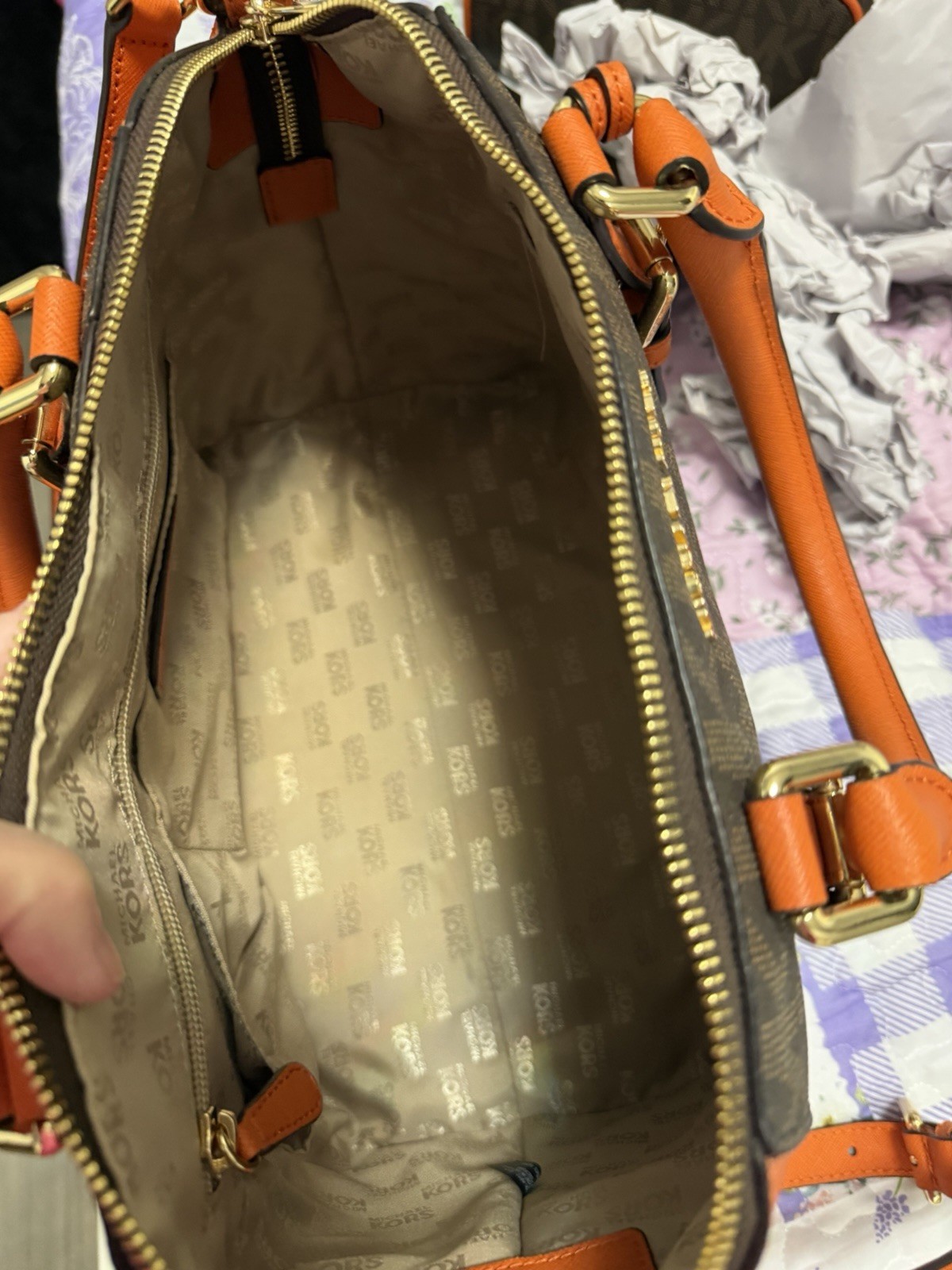 Michael Kors L Logo Satchel Top Handle Brown/Orange Gold Zip, Detachable Strap
