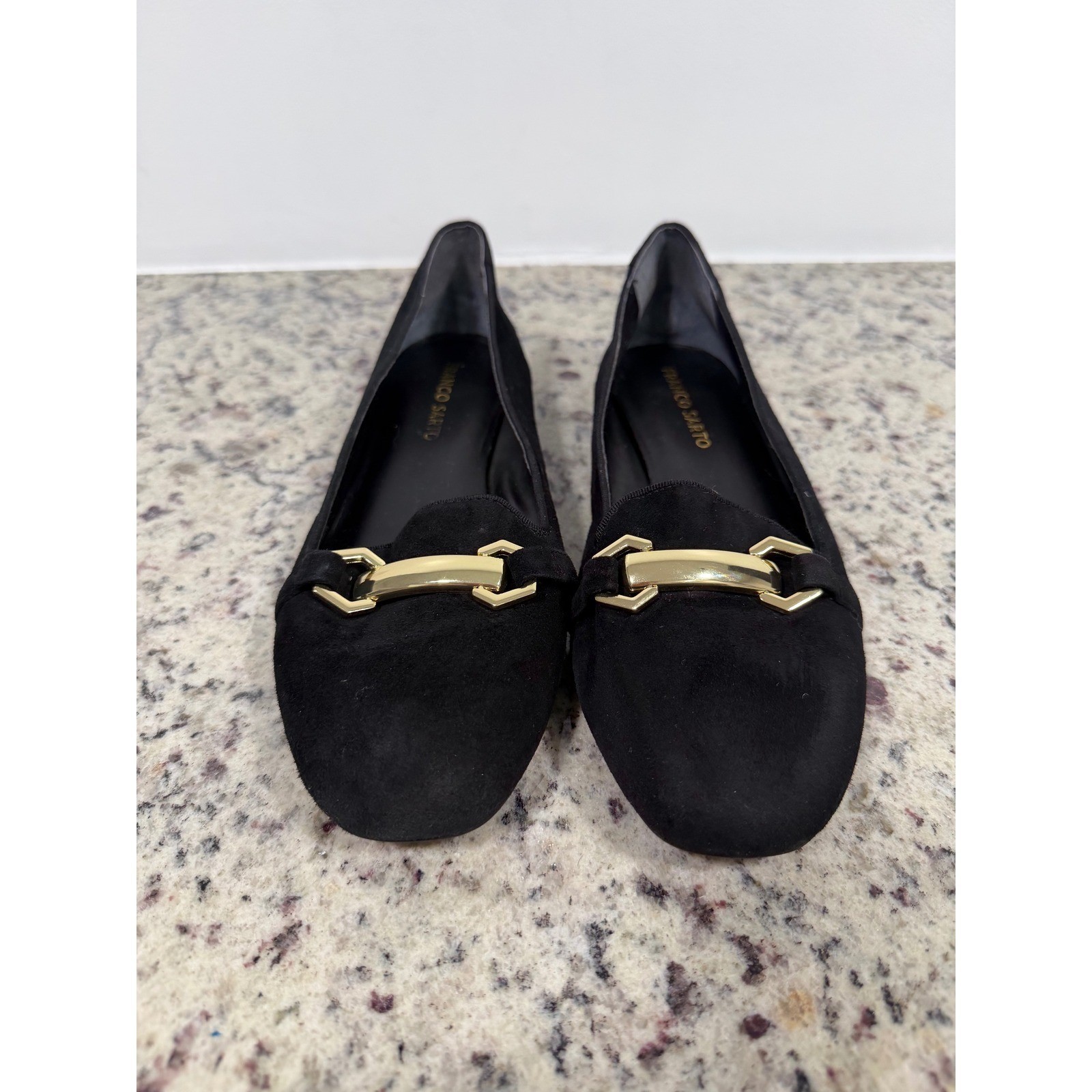 Franco Sarto Womens Black Suede Gold Buckle Loafer Flats Size 7.5M