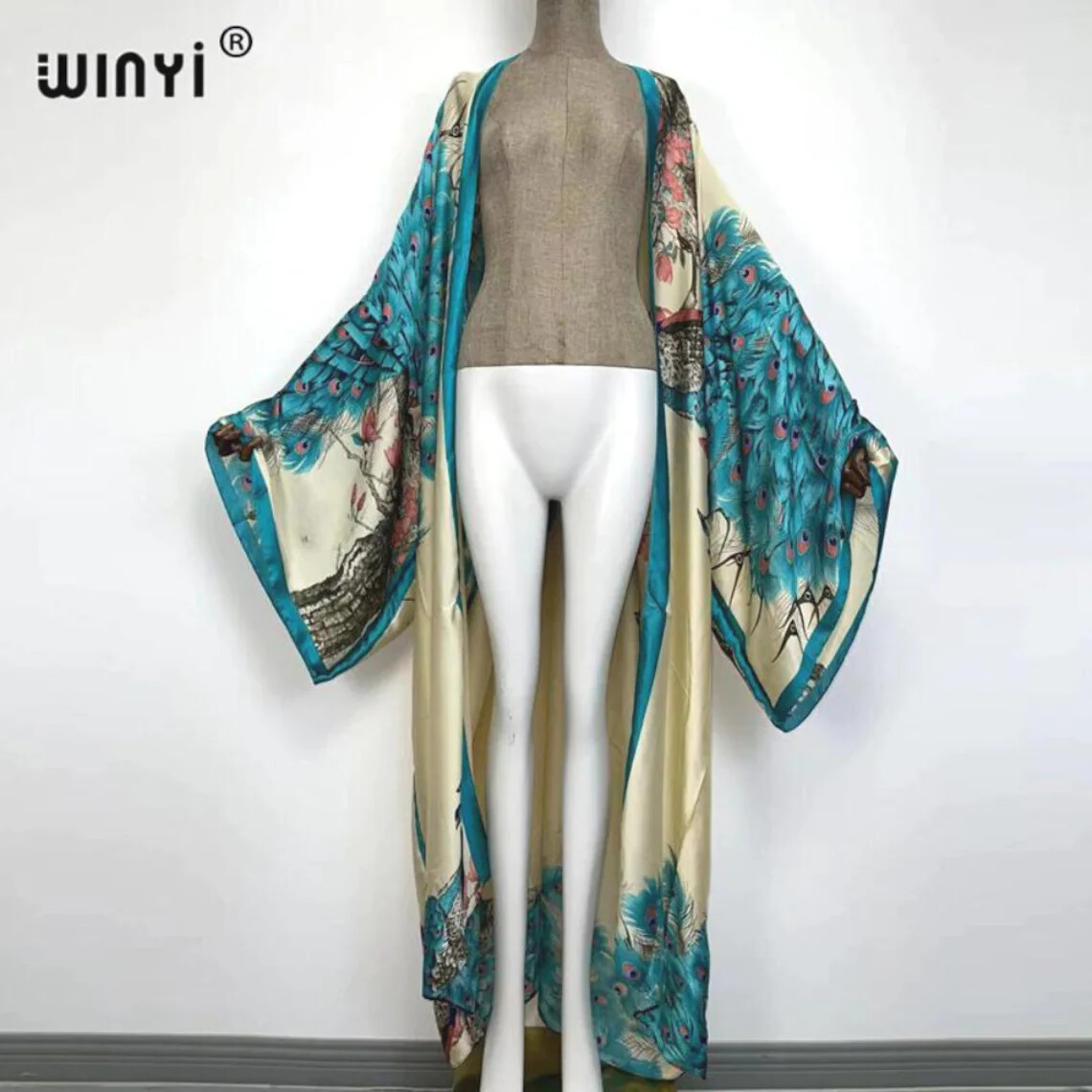 Pink Peacock Kimono Batwing Cardigan Silky Robe Beach Kaftan Robe Pink Abaya