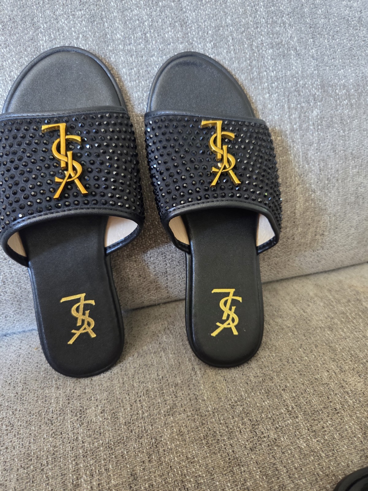 Saint Laurent Black Suede Flat Slide Sandals Women’s US 7 EU 37 Logo Studded