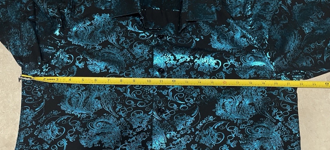 Barry Wang Men’s Blue & Black Paisley Print Button Down Front Dress Shirt Sz M