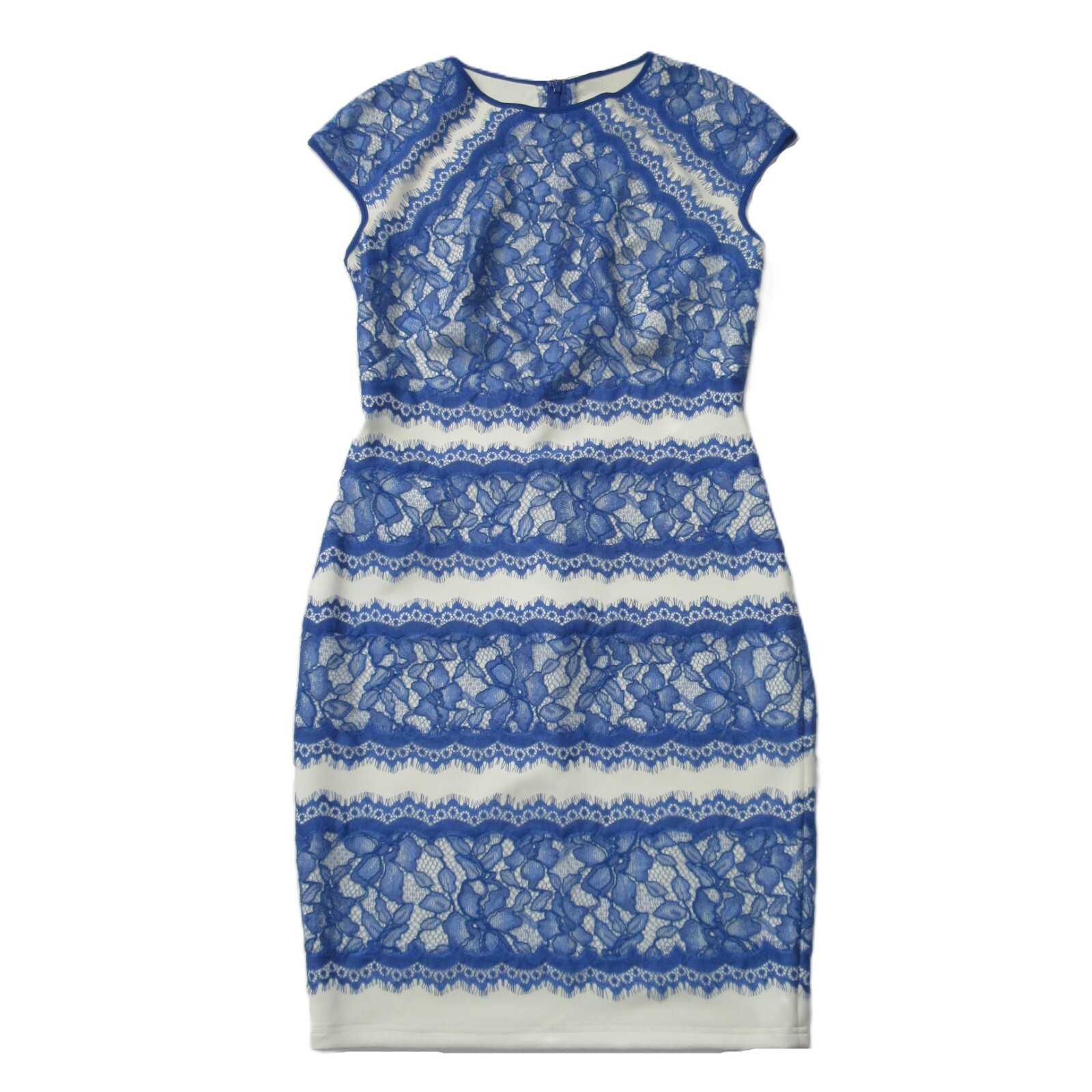 NWT TADASHI SHOJI Neoprene & Lace Cap Sleeve Sheath in China Blue Snow Dress 10
