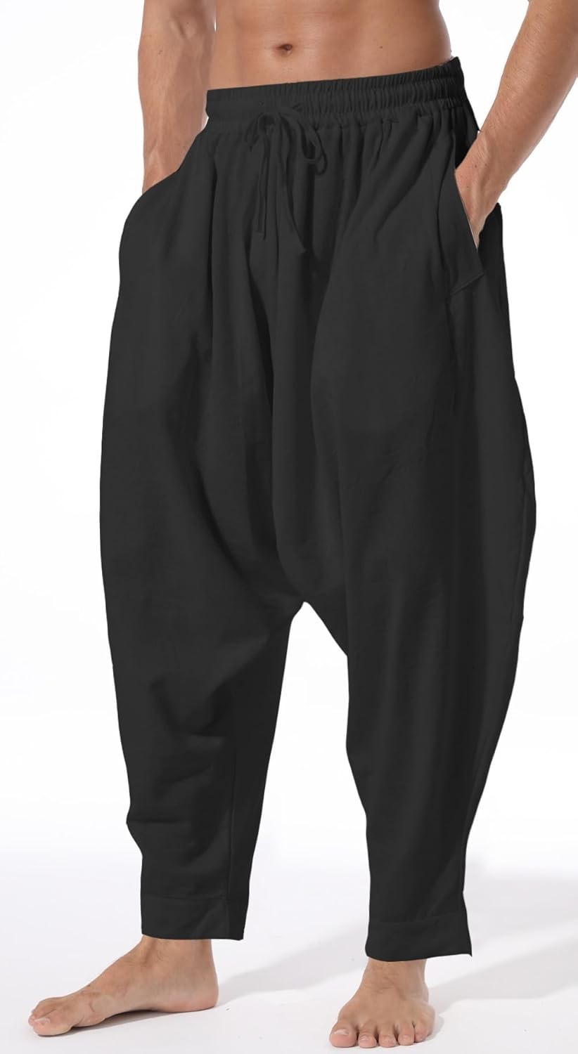 Men’s Harem Pants Baggy Casual Elastic Waist Drawstring Boho Hippie Lounge