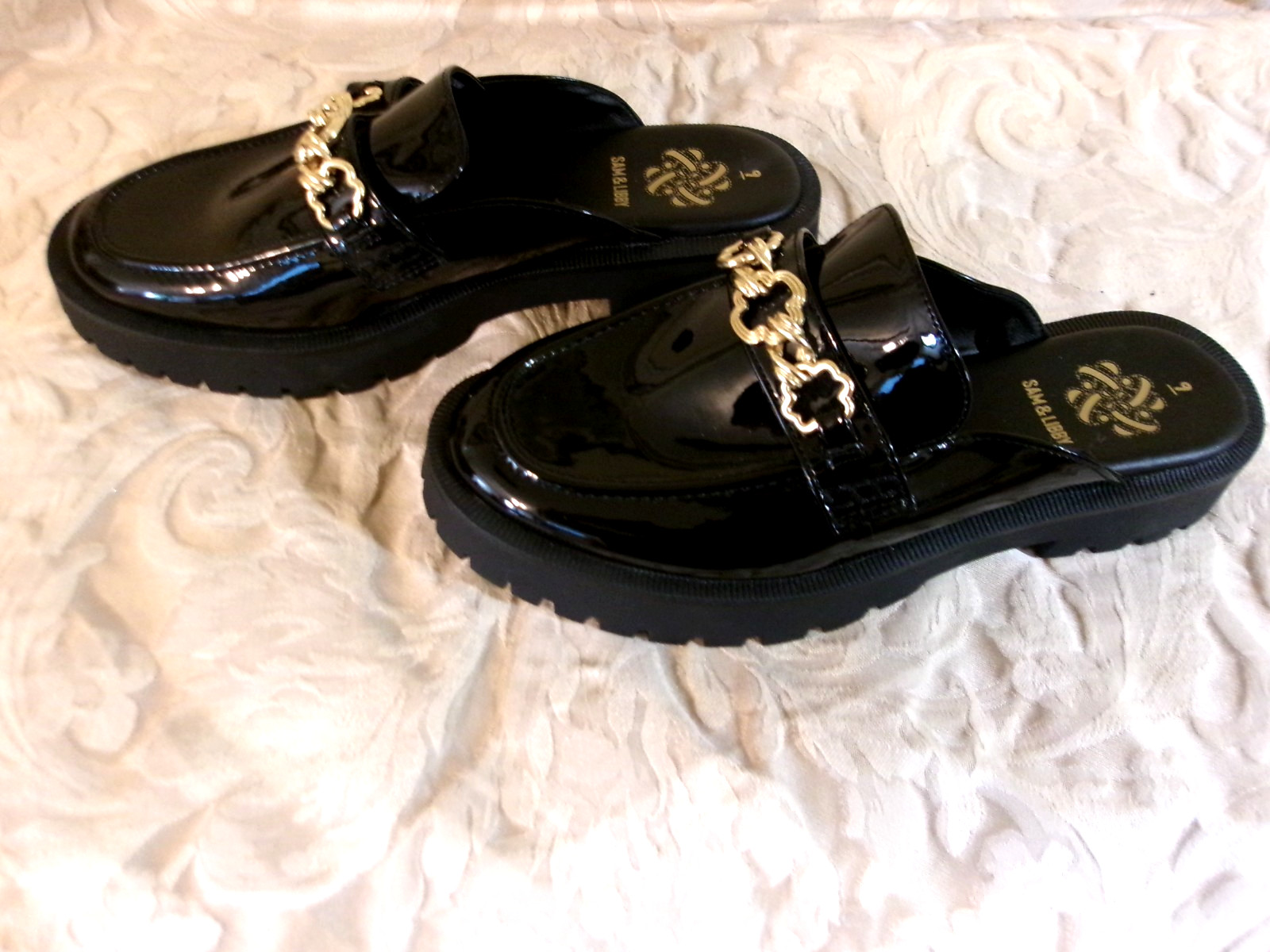 Sam & Libby Reese Black Patent Leather Mules Chain Loafers Chucky Platform
