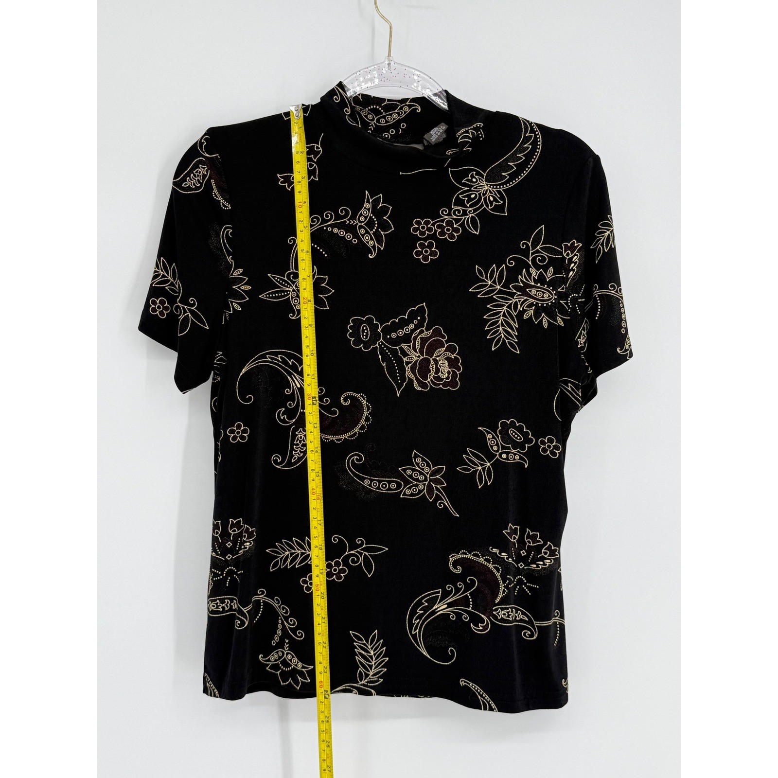 Kathy Ireland Essentials Womens Sz L Black Gold Paisley Floral Mock Neck Top USA