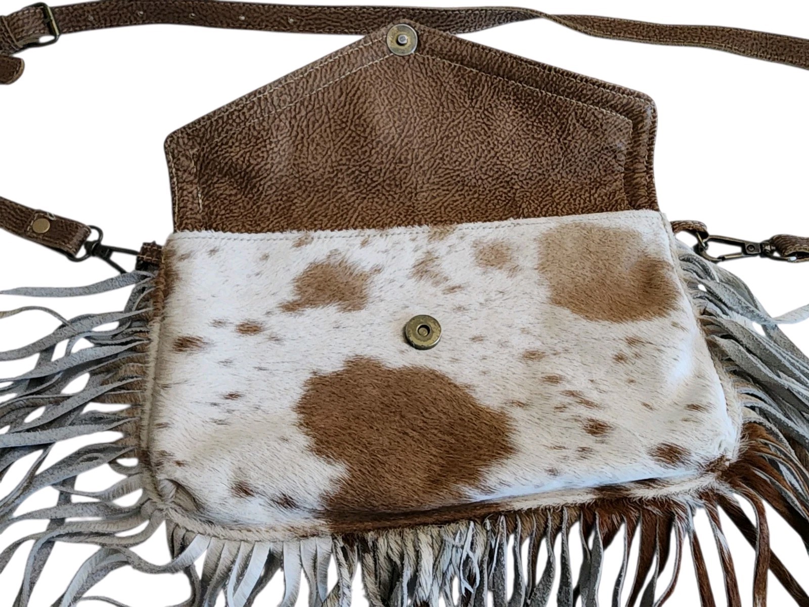 Myra Western Fringe Cowhide Animal Print Shoulder Bag Brown White
