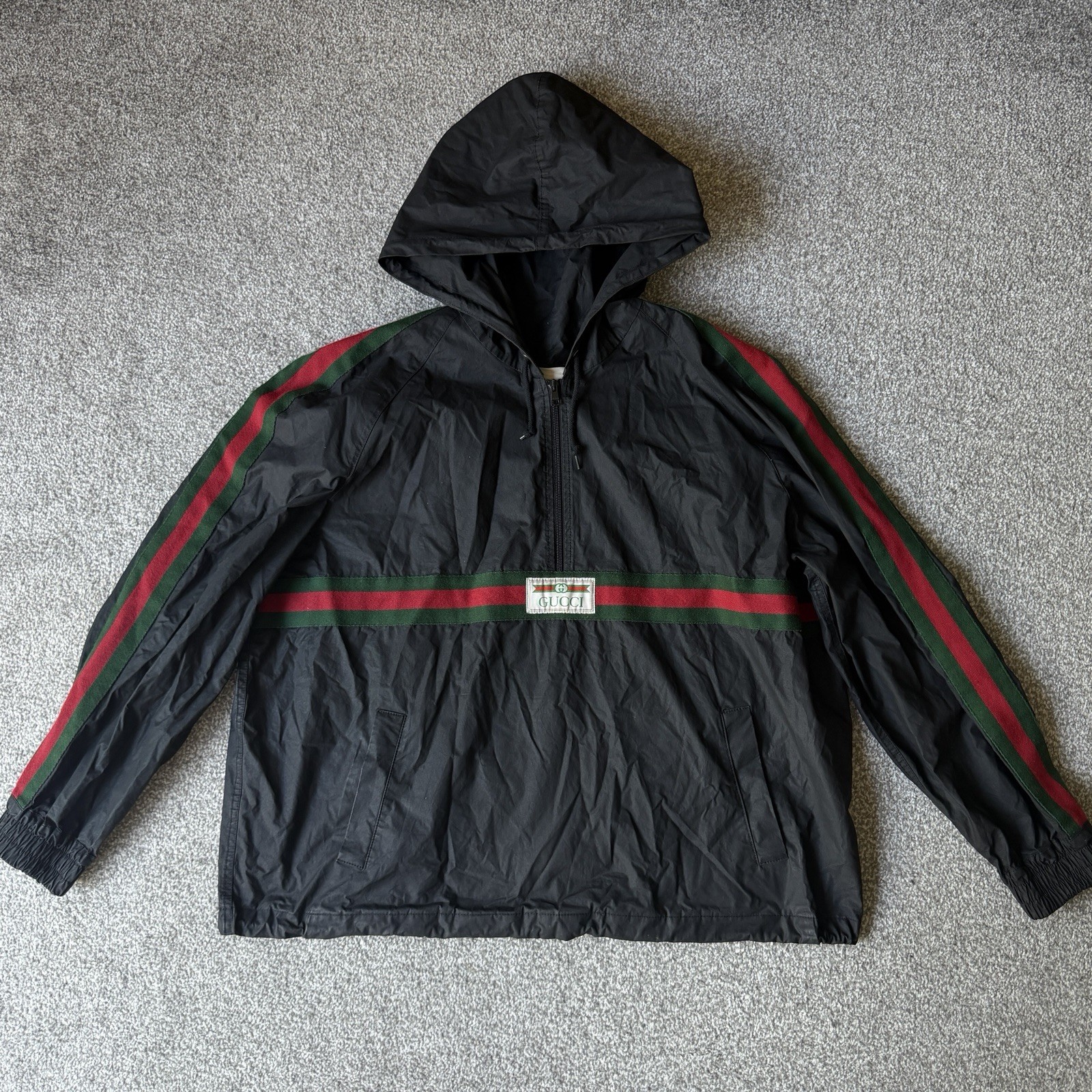 Gucci Cotton Canvas Windbreaker Jacket Web Stripe Logo Pullover Mens IT 52 UK XL