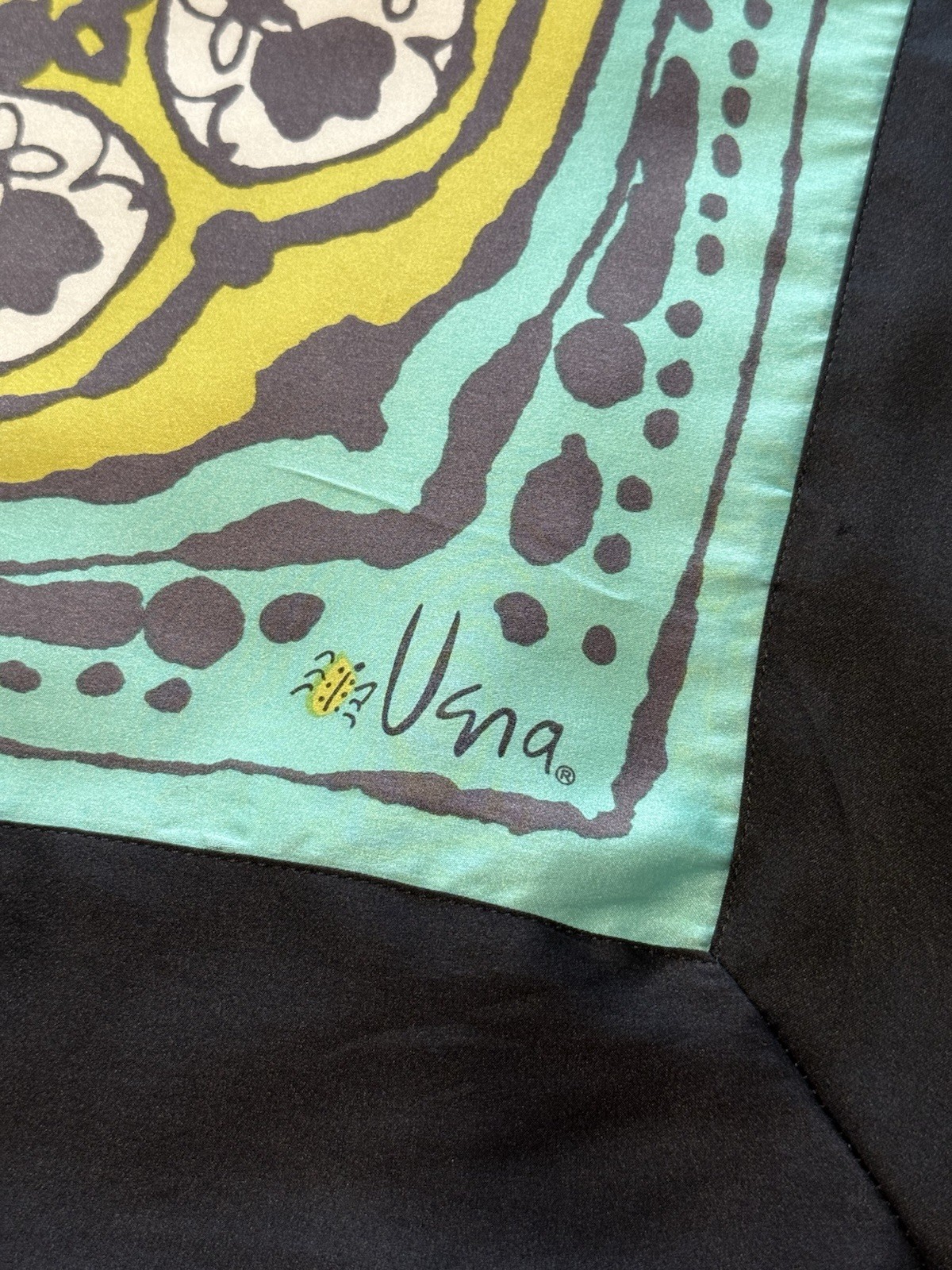 Vera Neumann Bold Teal Black Celadon Silk Scarf With Double Layer Border 43in Sq