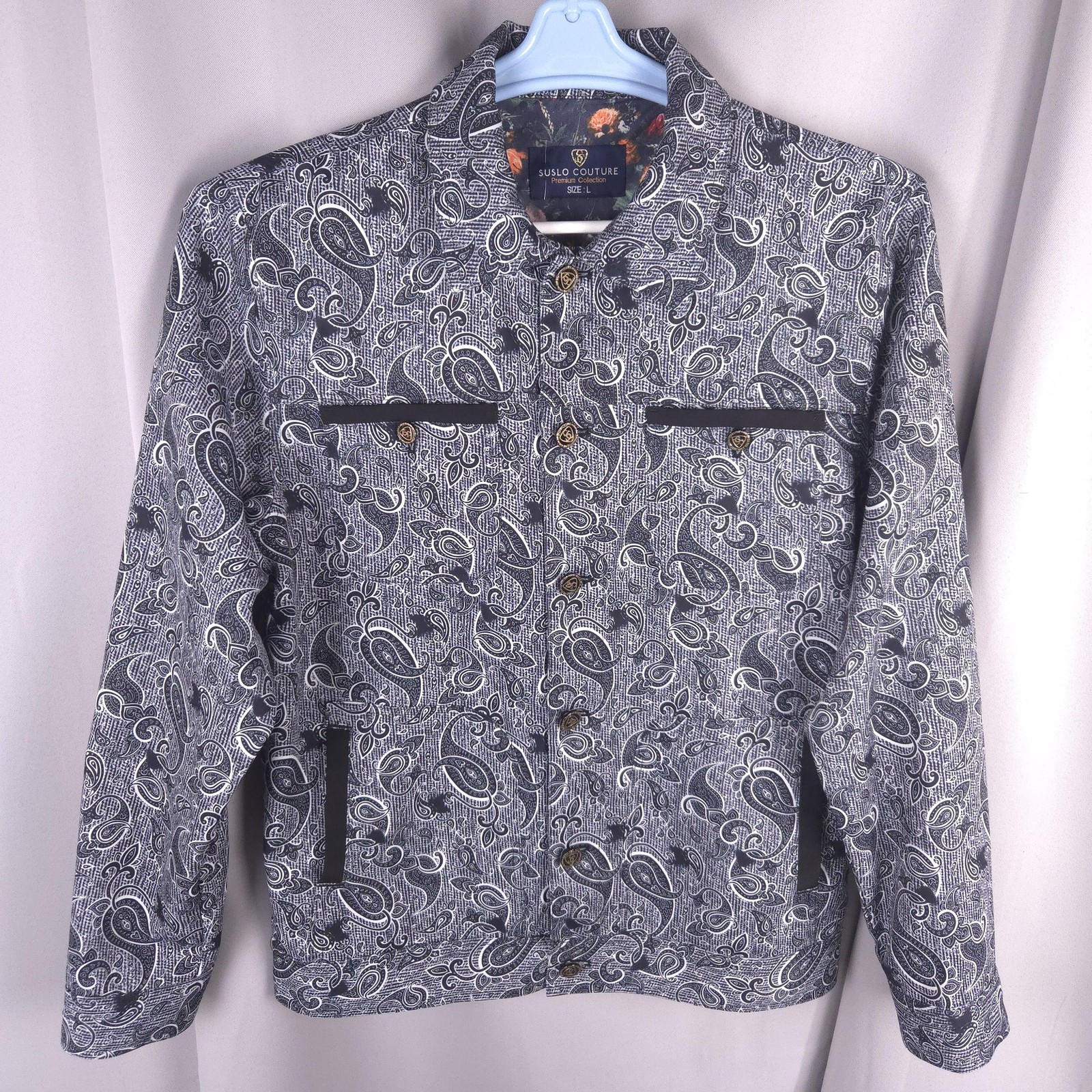 Suslo Couture Jacket Men L Black Paisley Utility Field Coat Elbow Pads Statement