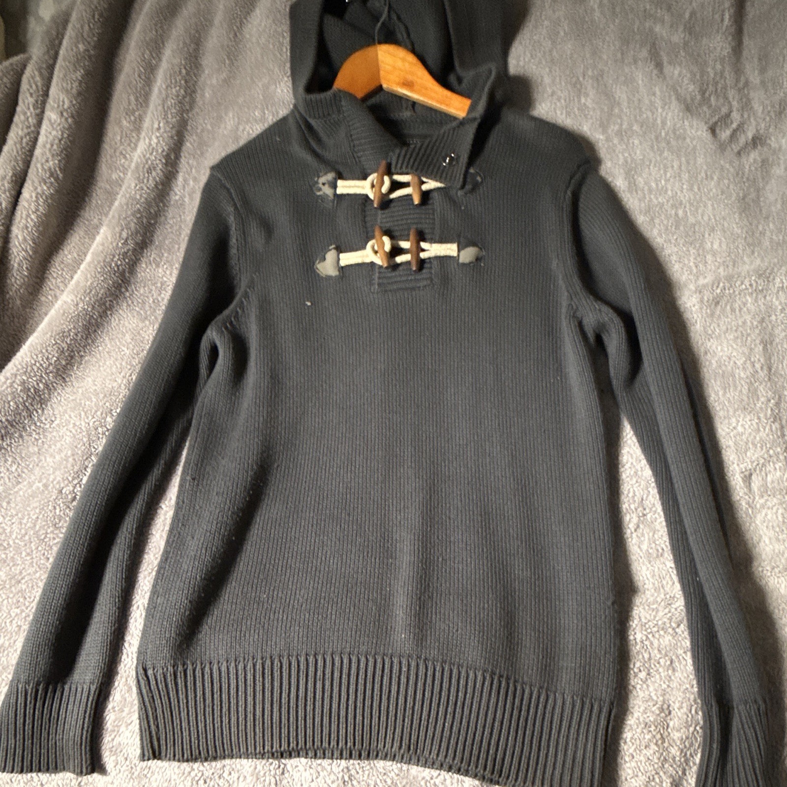 Twentyone Men Hooded Toggle High Neck Knit Pullover Sweater Gray Long Sleeve S