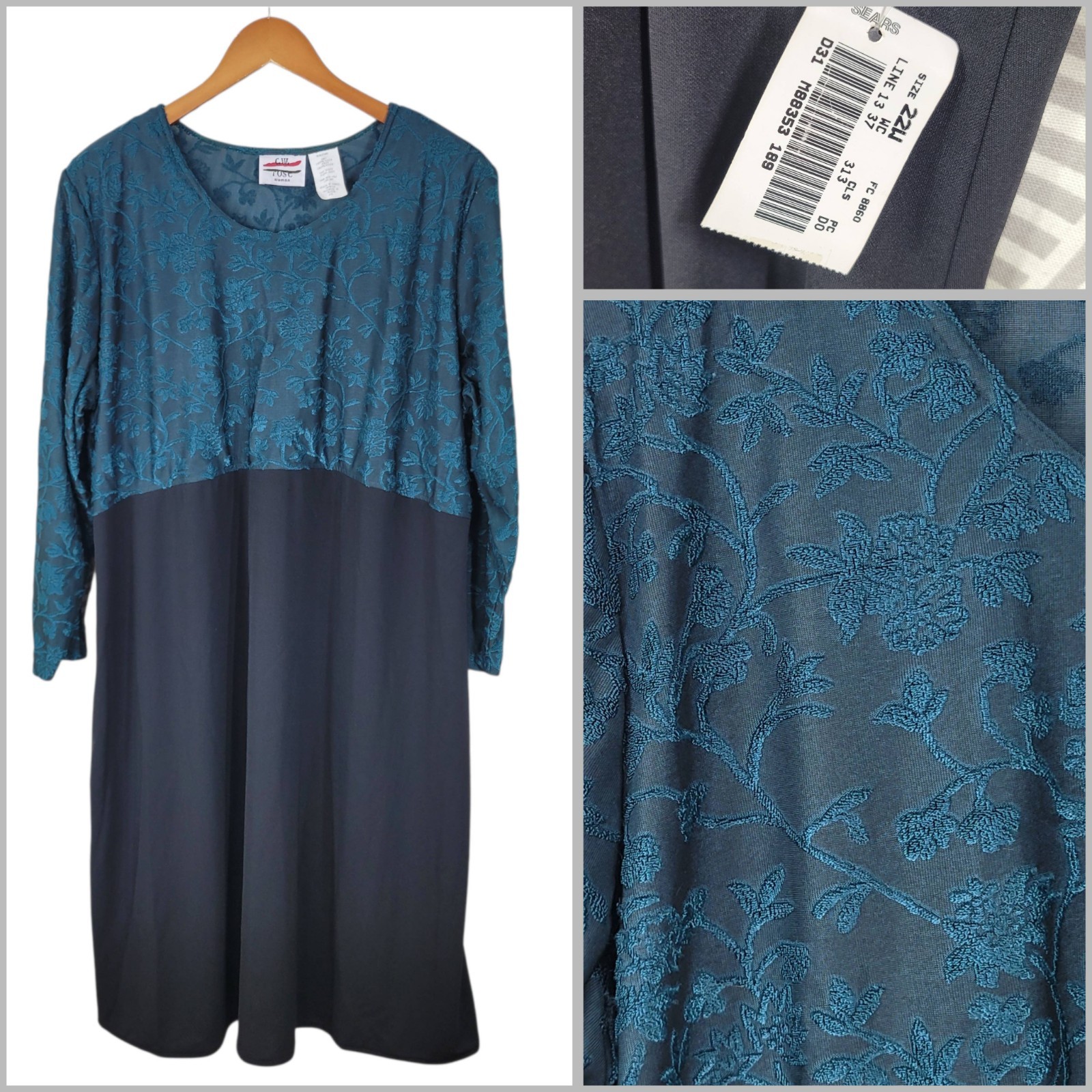 NEW Vintage Dress Plus Size 22 3X Midi Floral Top Long Blue Black Stretch alt