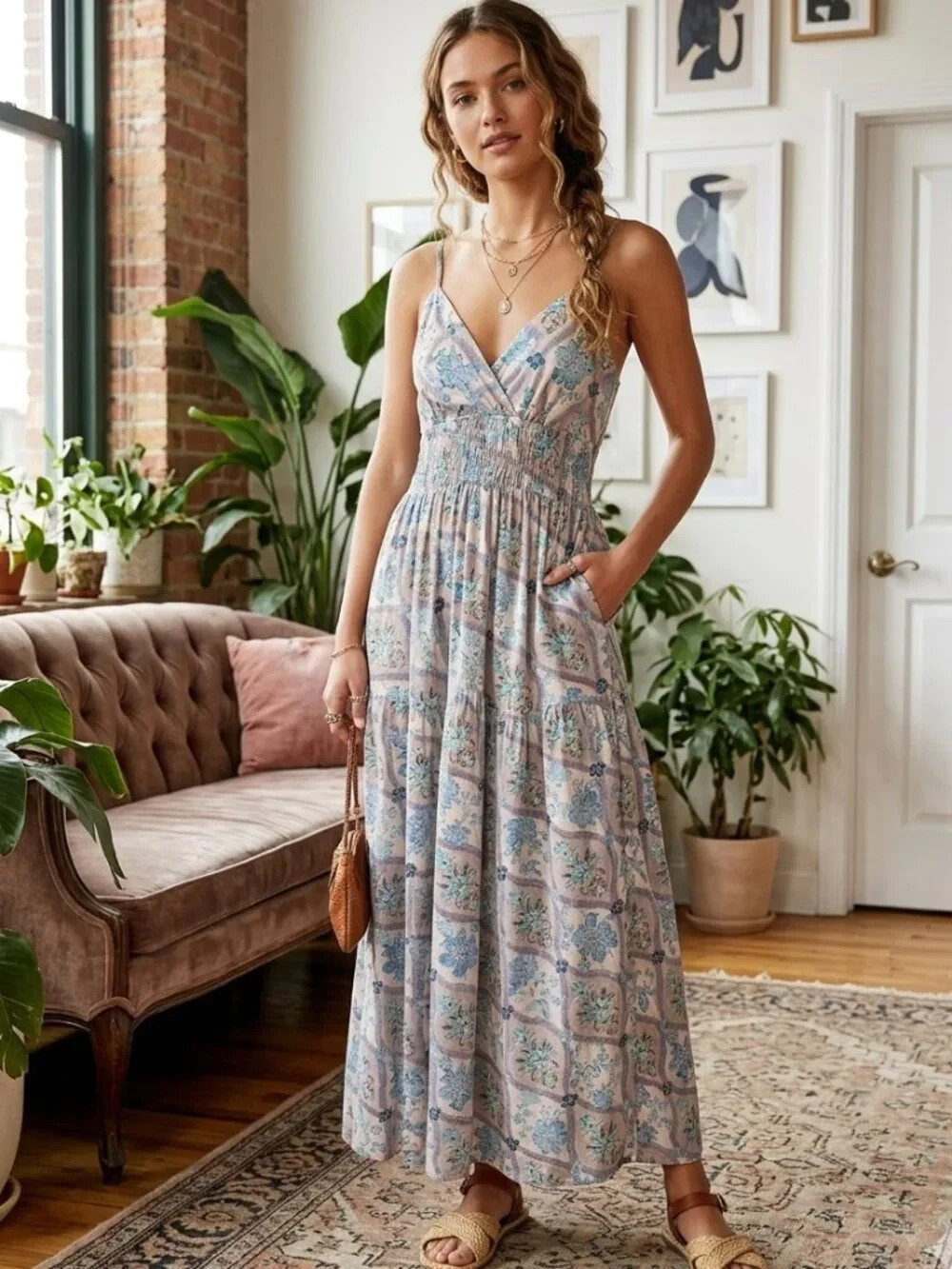 Monteau Los Angeles Linen Blend Maxi Dress Small NWT Blue Floral Smocked Pockets