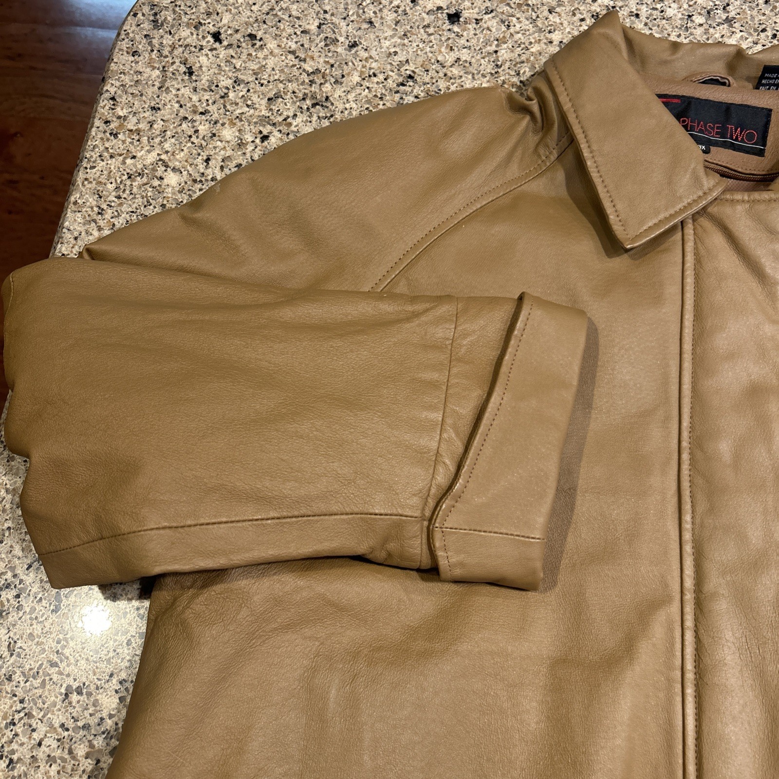 Vintage Phase Two 3X Brown Camel Leather Coat Mid Thigh Length GUC Zip Front