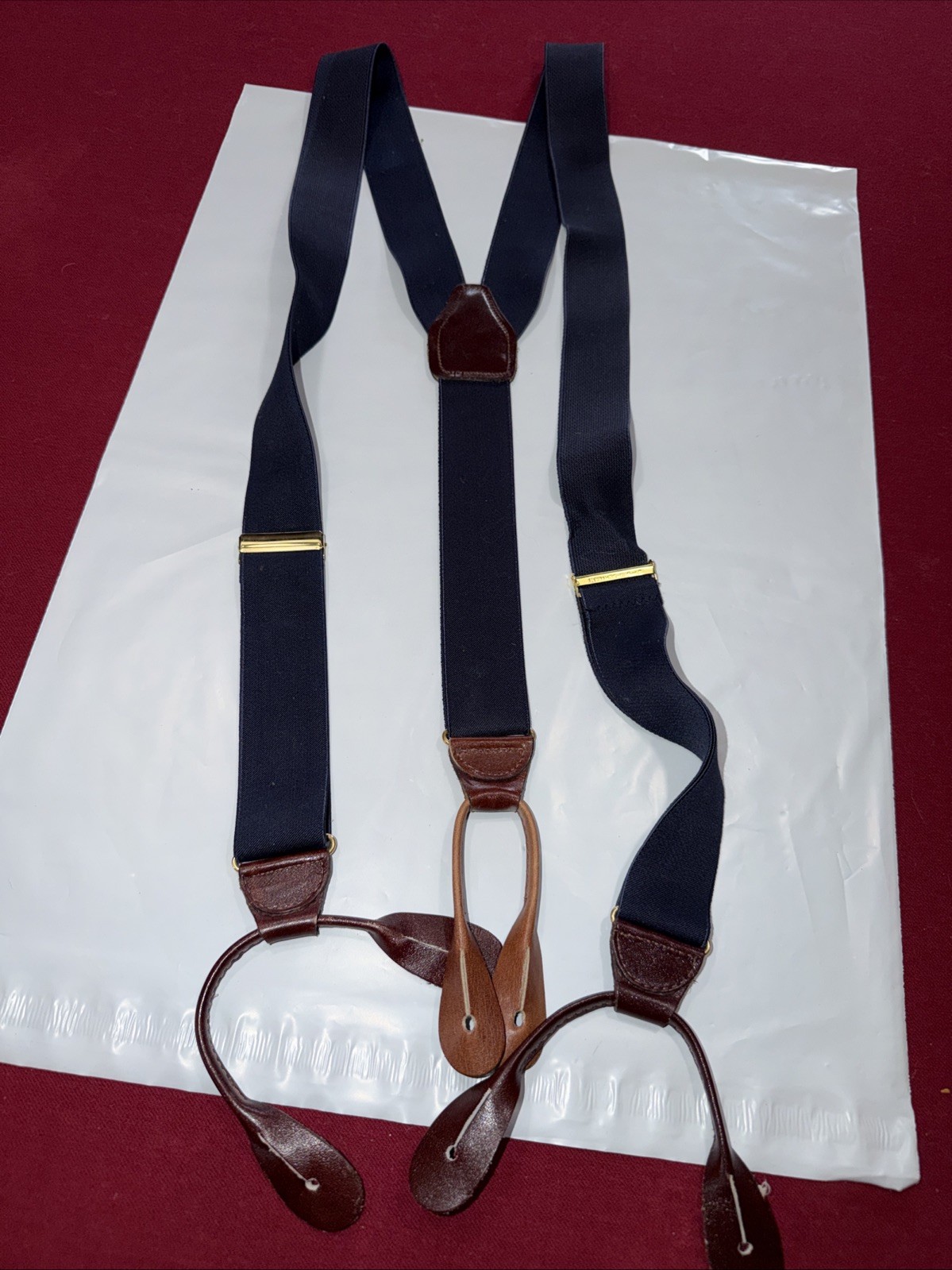 Vintage CAS W Germany BLUE Suspenders BROWN Leather Button Tab Braces Y strap OS
