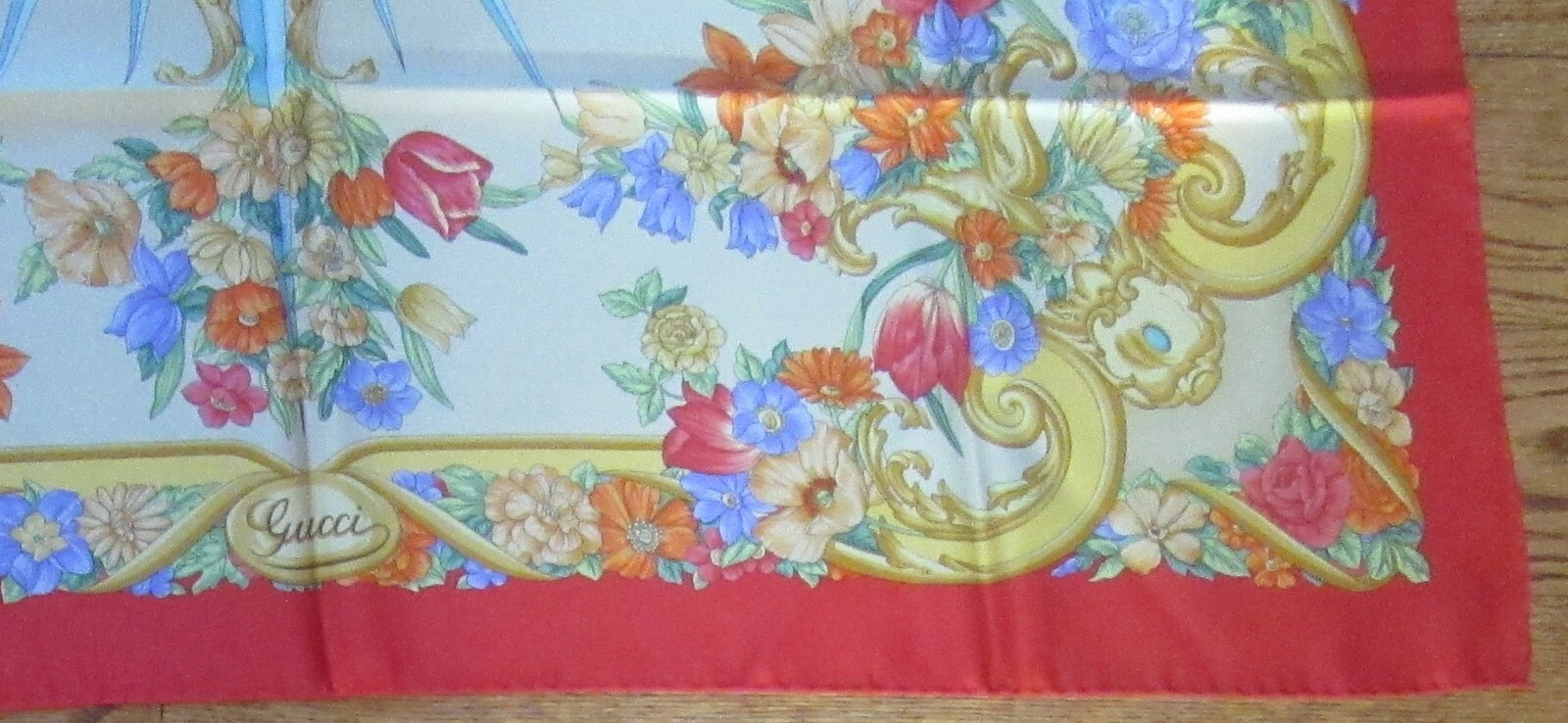 vintage Gucci Silk Scarf Red Border Compass Rose Botanical 35″ square