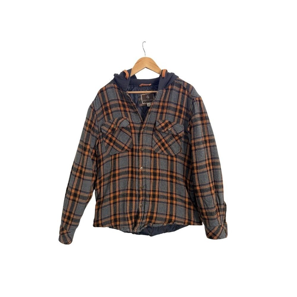 Legendary Outfitters Hooded Quilted Flannel Jacket Gray Orange Plaid Men’s M