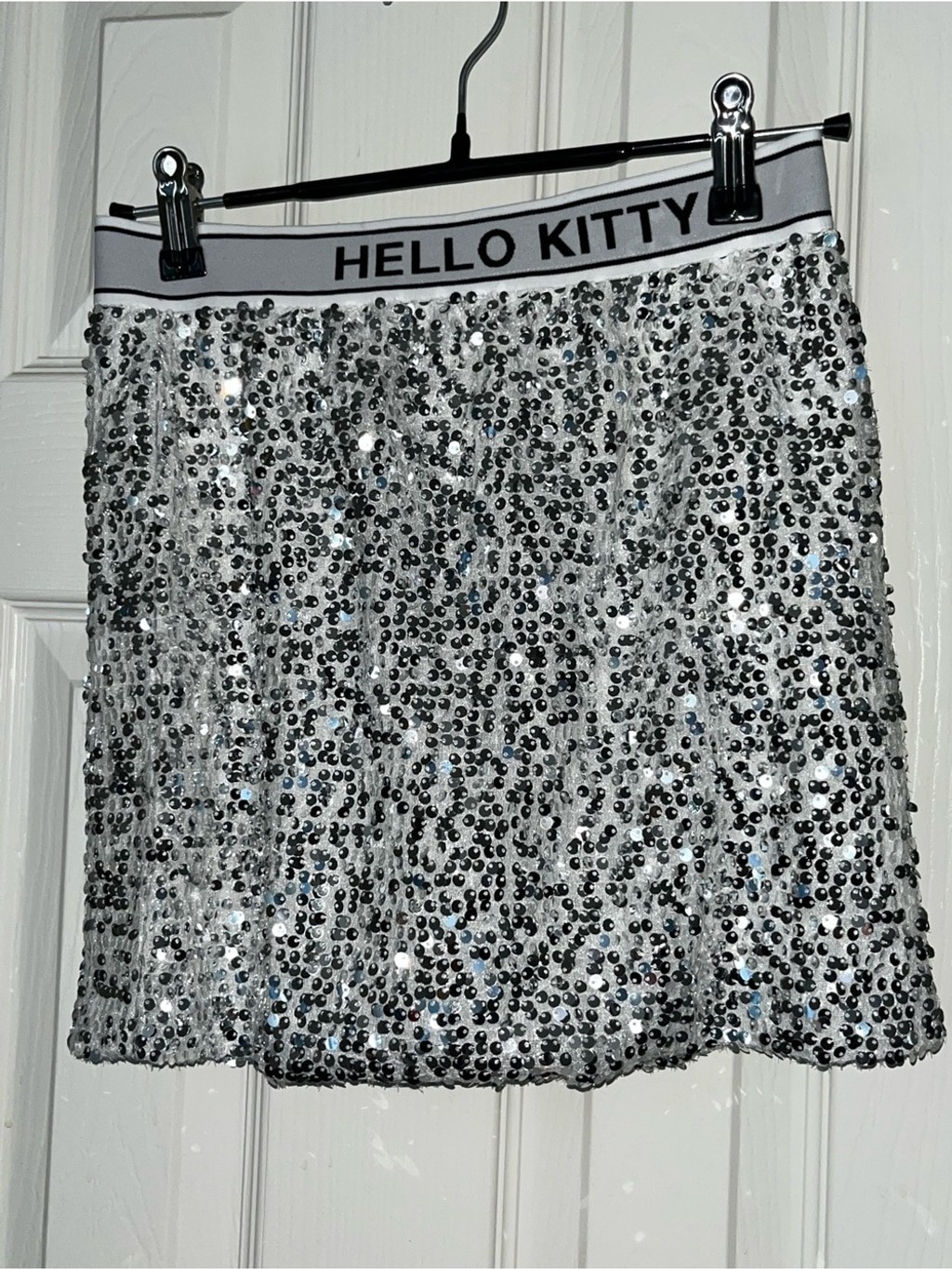Forever 21 White and Silver Sequin Hello Kitty Crop Top and Skirt