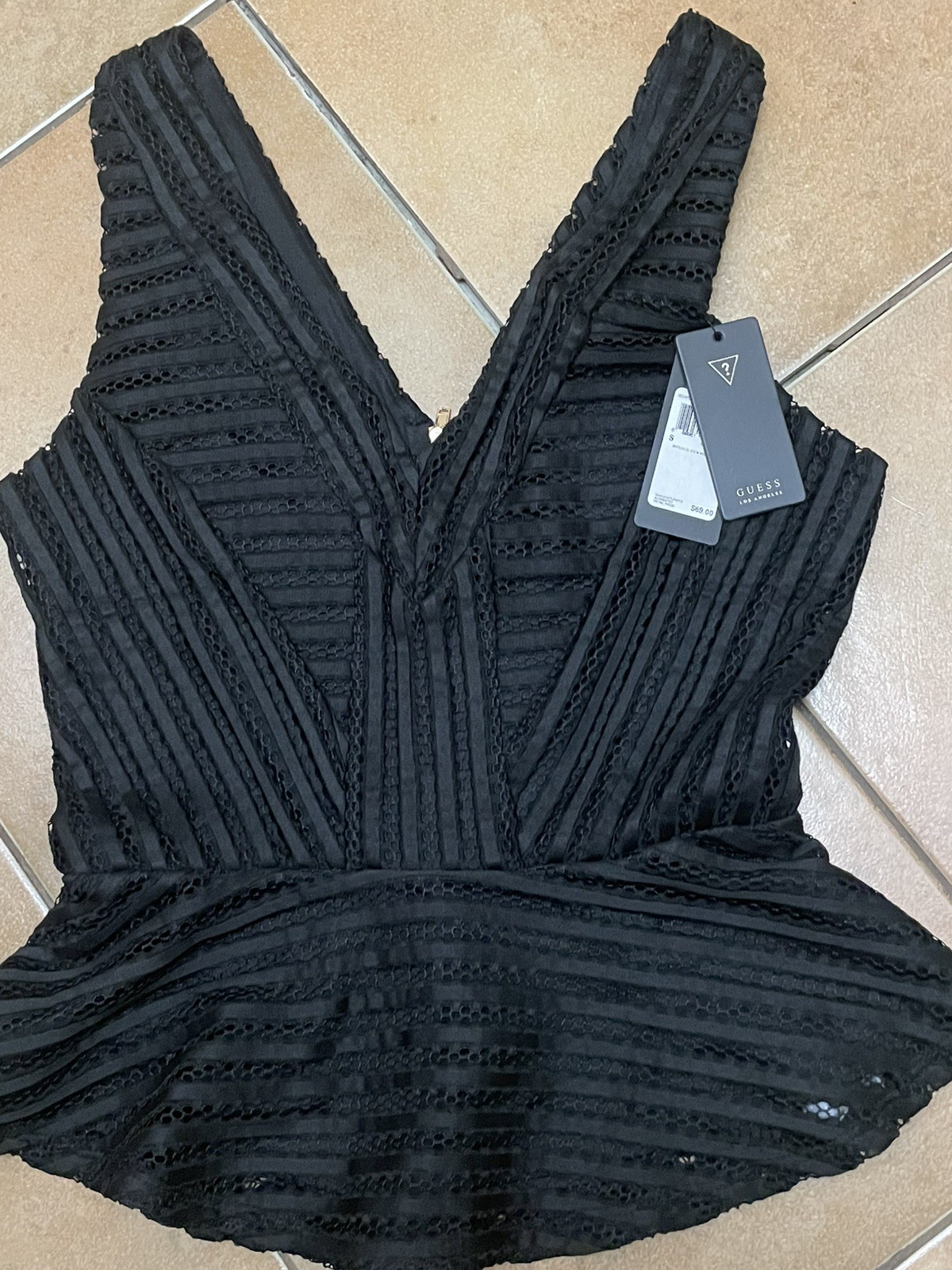 New GUESS Black Mesh Peplum Sleeveless Top V-Neck Zip Accent Size S with tags